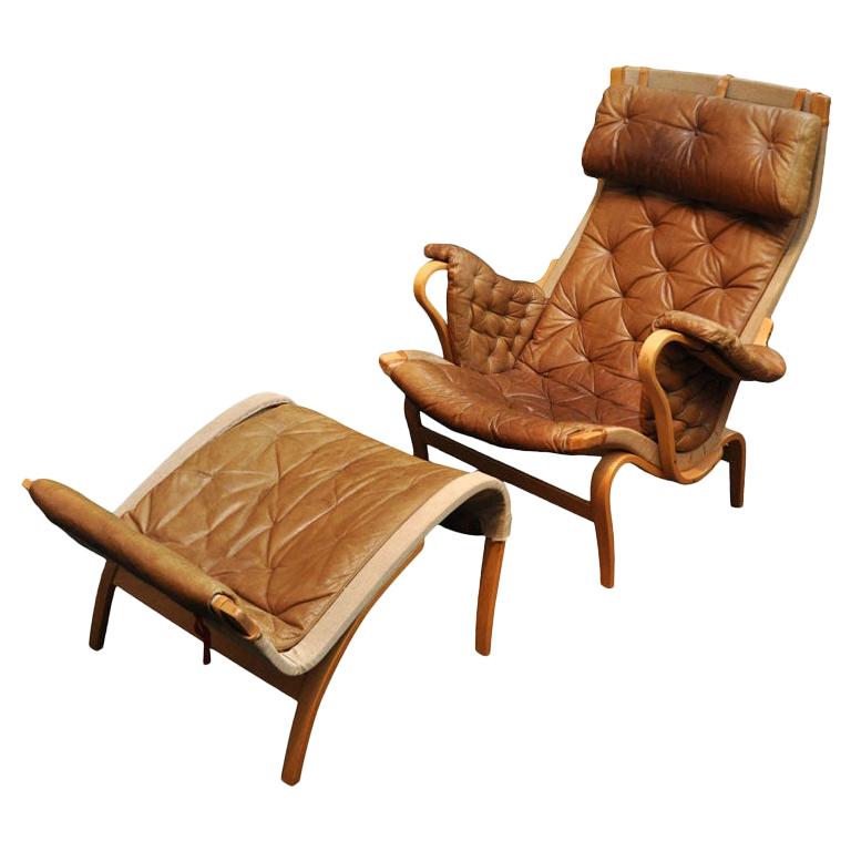 "Pernilla" Bentwood Natural Leather Chair and Ottoman by Bruno Mathsson