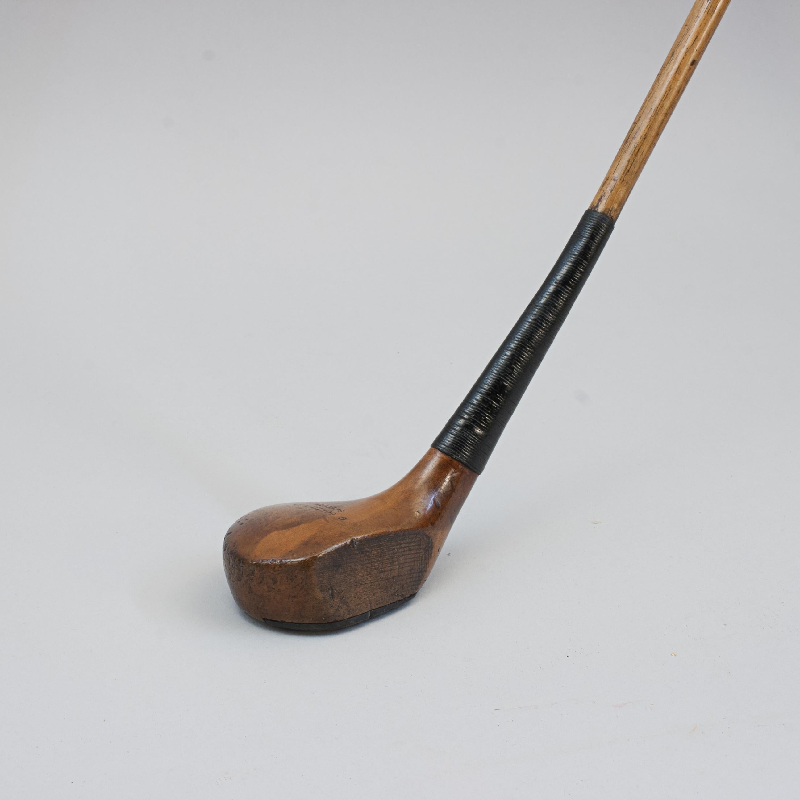 Antique Scared Head Bulger Style Driver.
An elegant scared head persimmon wood driver by Schlottman. This great looking club has a polished club head, lead weight to the rear and the traditional insert along the leading edge of the sole, head is