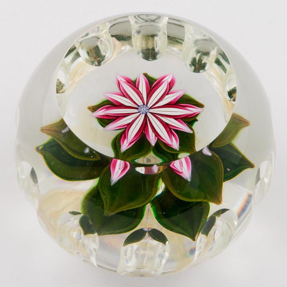 A Perthshire Dalhia Blossom Upright Paperweight, 1985

Additional information:
Date : 1985
Origin : Scotland
Features : A upright pink and white dahlia blossom above two layers of green leaves on a clear ground. One top facet and twelve side finger