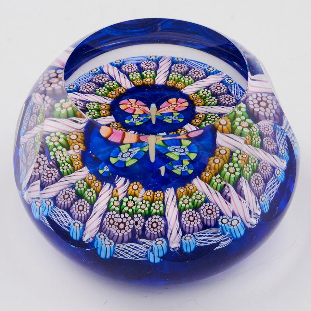 A Perthshire Magnum Butterfly Millefiori PP184 Paperweight, 1997

Original Box.

Additional information:
Date : 1997
Origin : Scotland
Features : A magnum sized millefiori weight with complex canes surrounds this lampwork butterfly set on a
