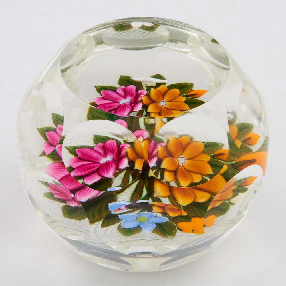 Scottish A Perthshire Three-Dimensional Bouquet on Lattice Basket Paperweight, 1997 For Sale