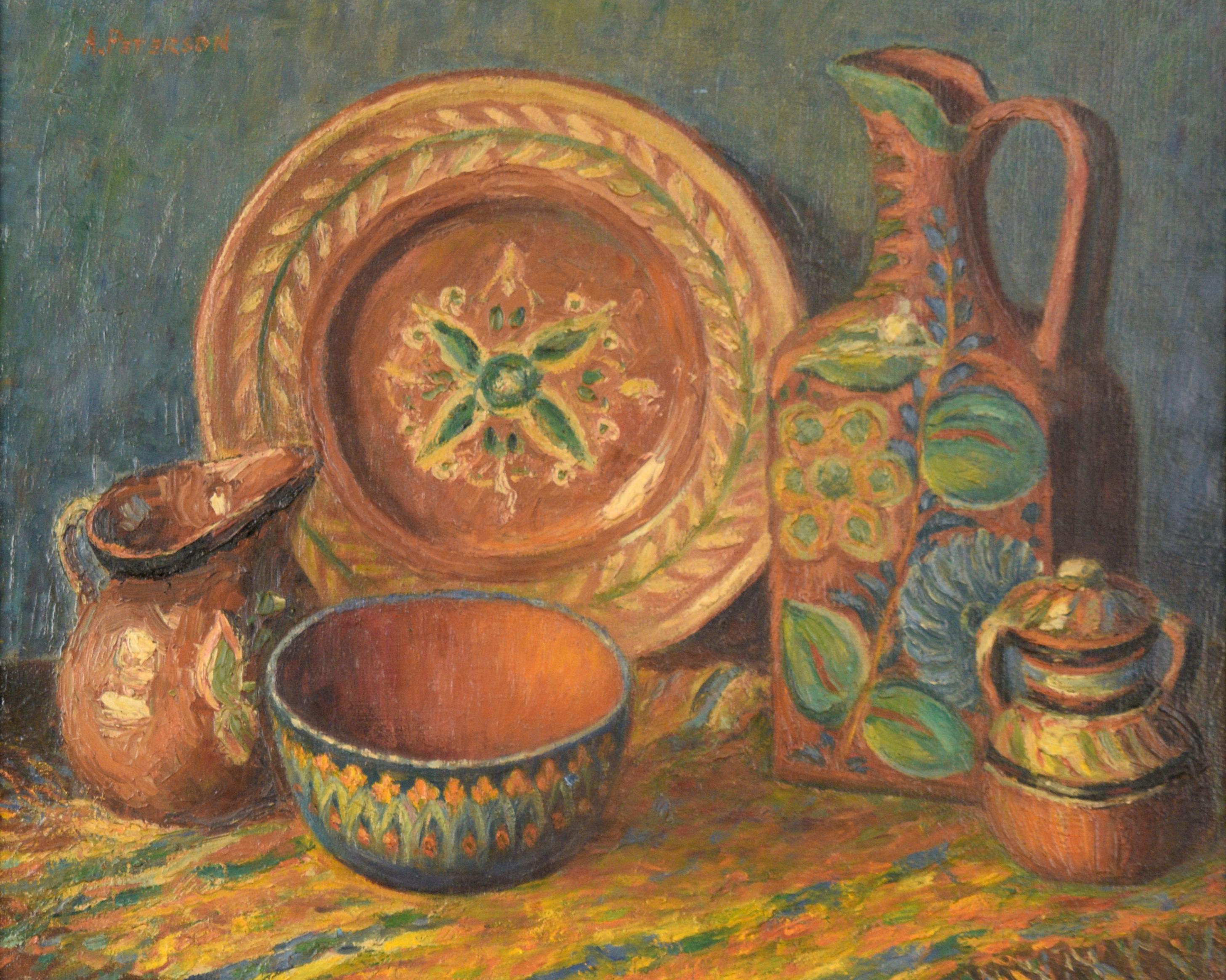 Still Life of Ornate Pottery - Oil on Canvas - Painting by A. Peterson