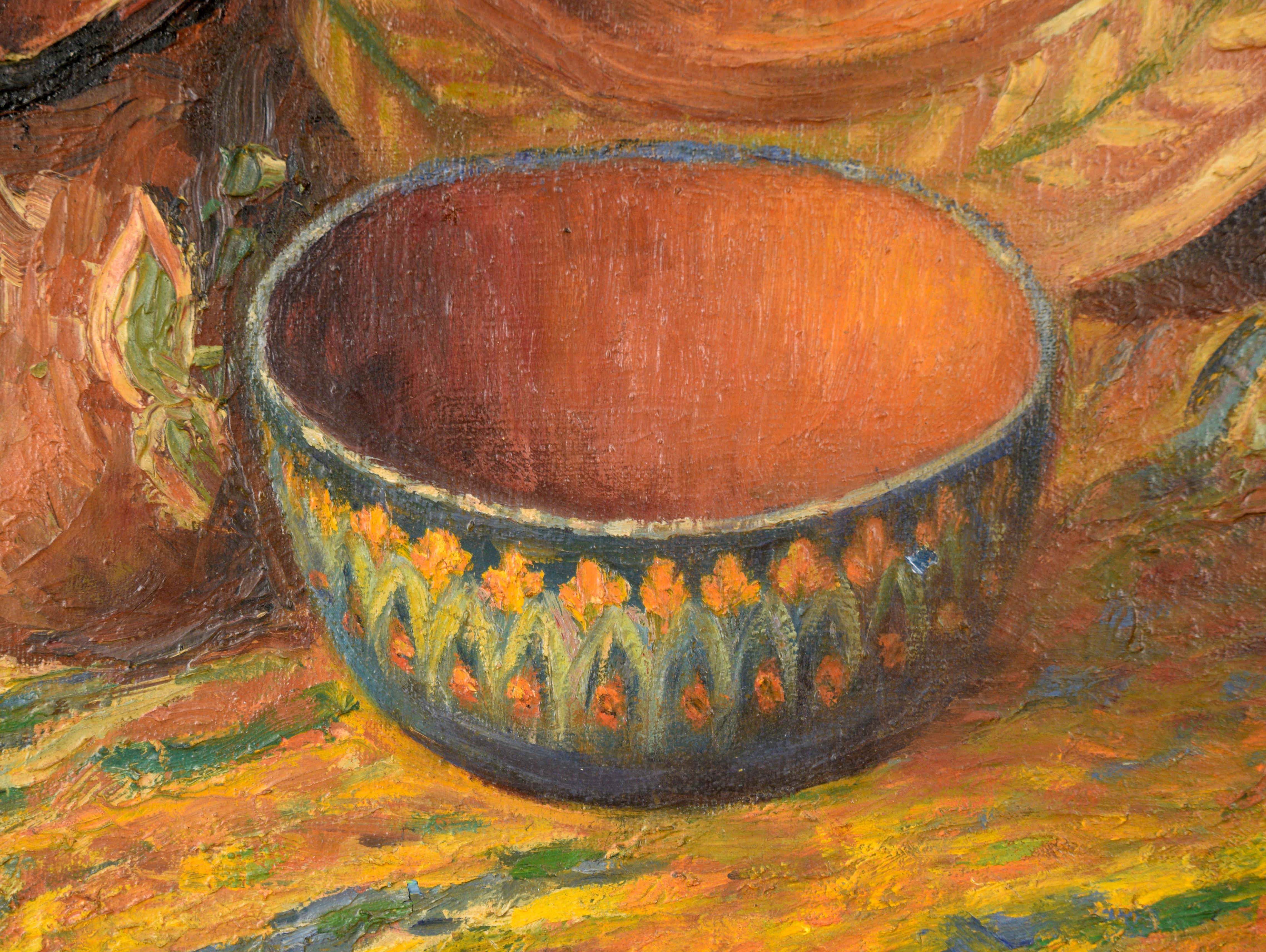 Stately still life of terra cotta pottery by A. Peterson. Five pieces of pottery sit atop a table with a tablecloth. Each piece of pottery is decorated with ornate patterns, mostly in a floral theme. The pieces are dark orange-red, with green,