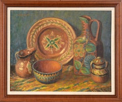 Antique Still Life of Ornate Pottery - Oil on Canvas