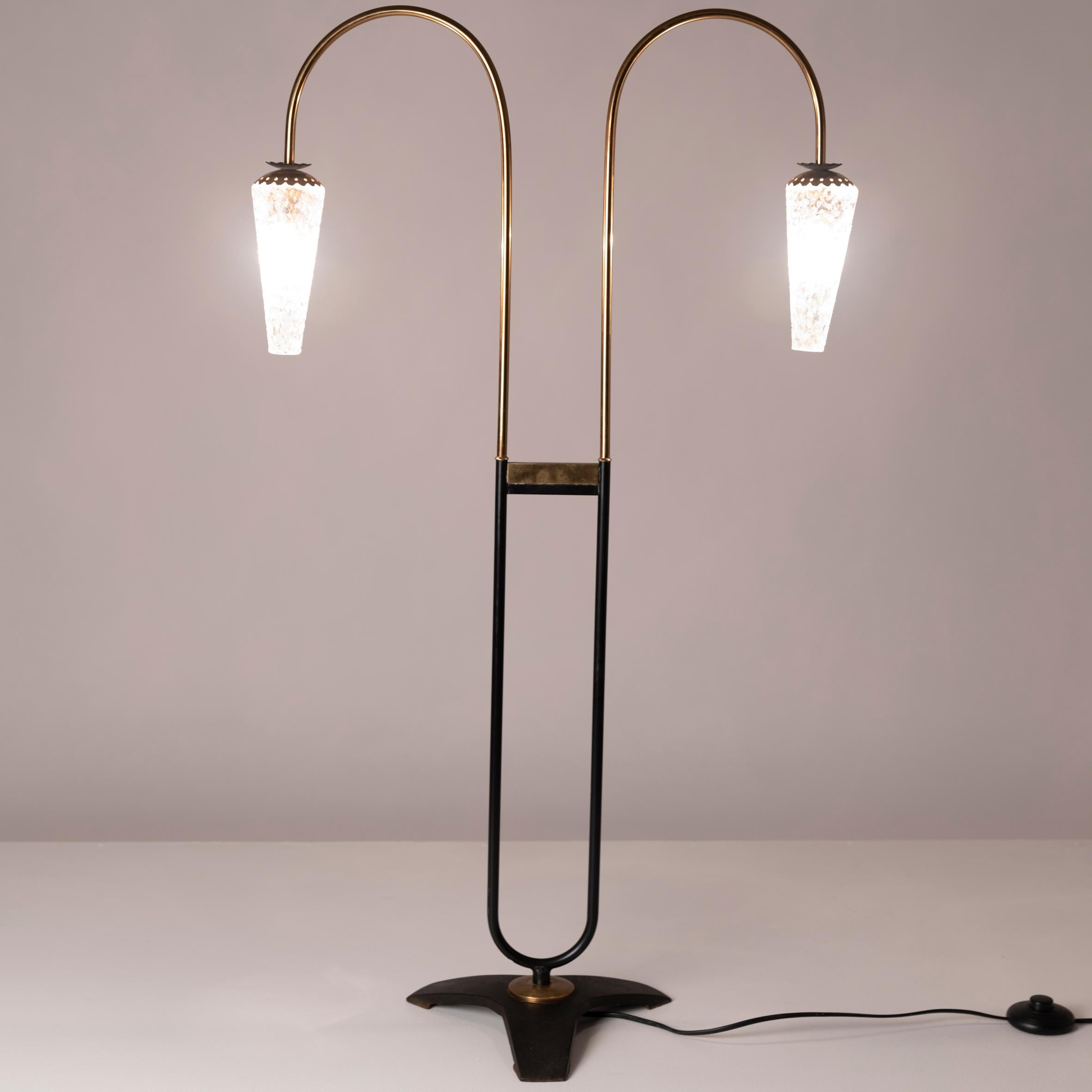 Mid-20th Century A Petit French brass and glass floor Lamp attributed to Lunel. 1950s For Sale