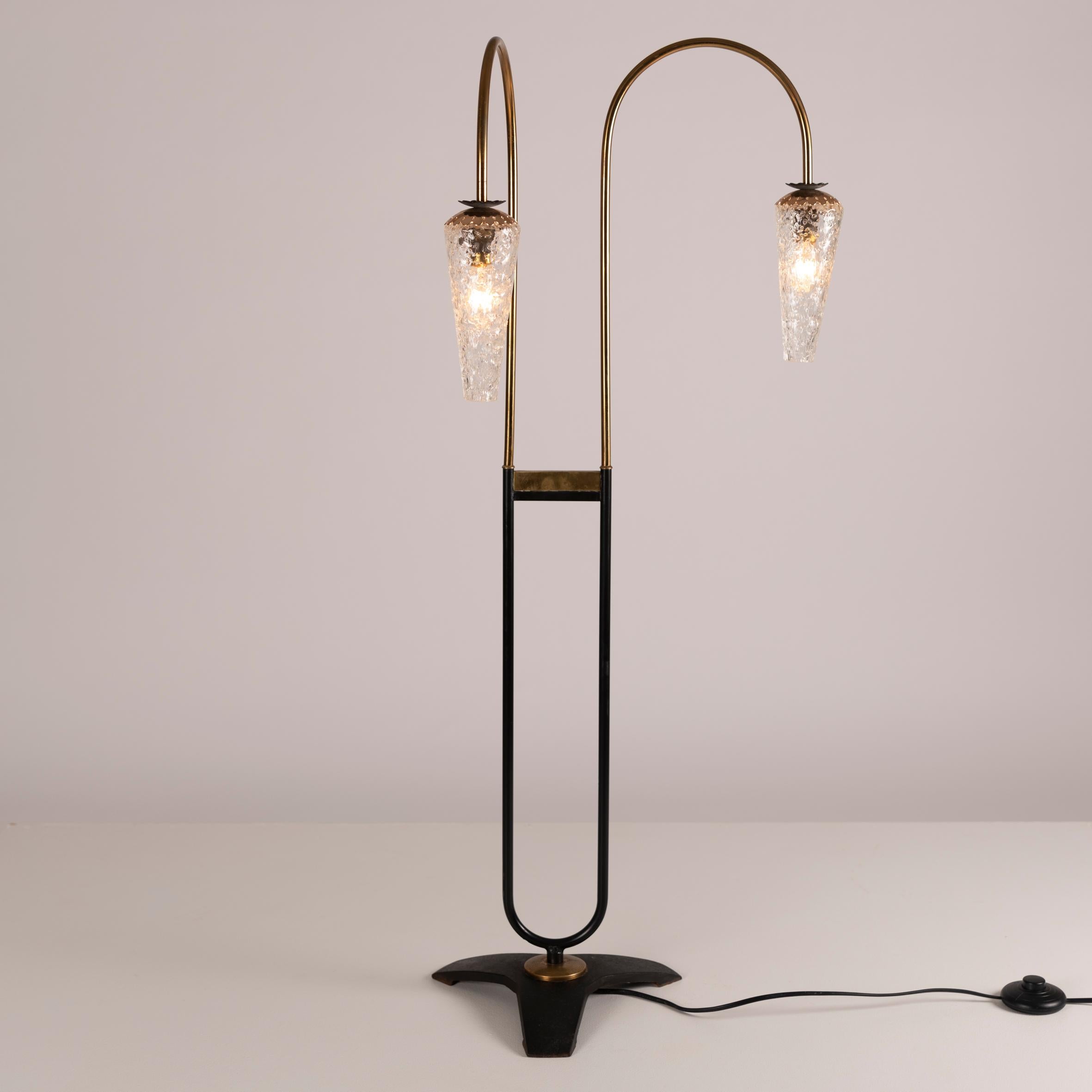 Metal A Petit French brass and glass floor Lamp attributed to Lunel. 1950s For Sale