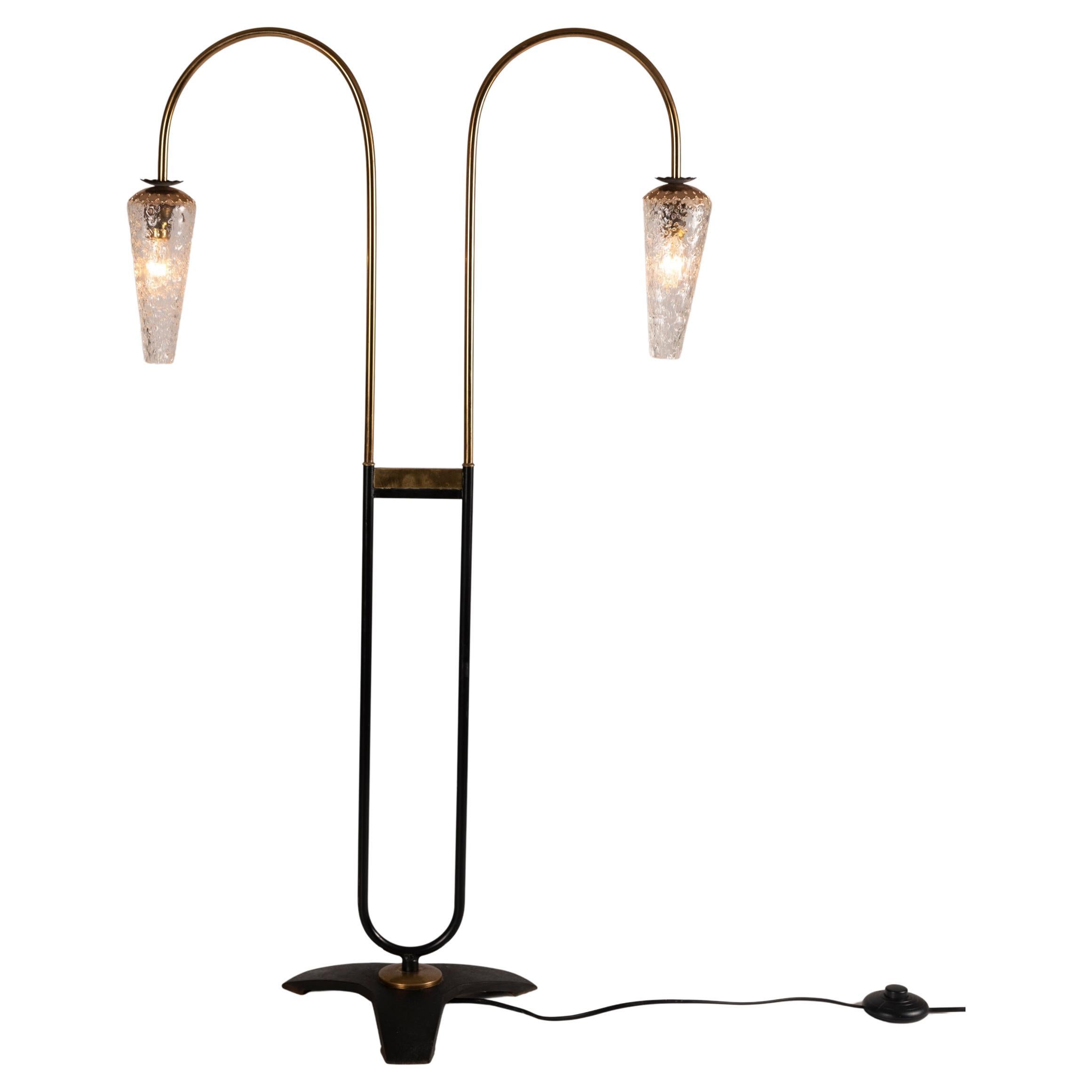 A Petit French brass and glass floor Lamp attributed to Lunel. 1950s For Sale
