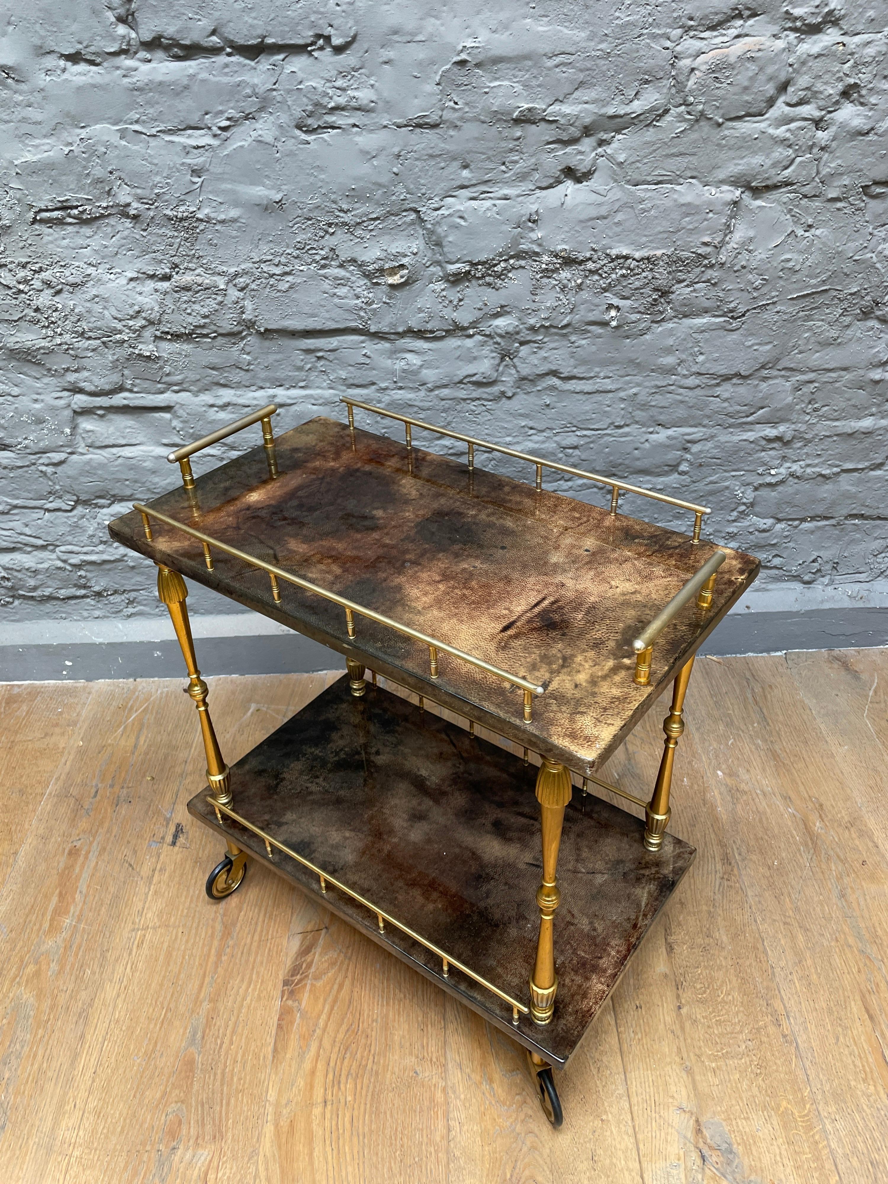 Italian Petit Lacquered Goatskin and Brass Serving Table/Bar Cart by Aldo Tura