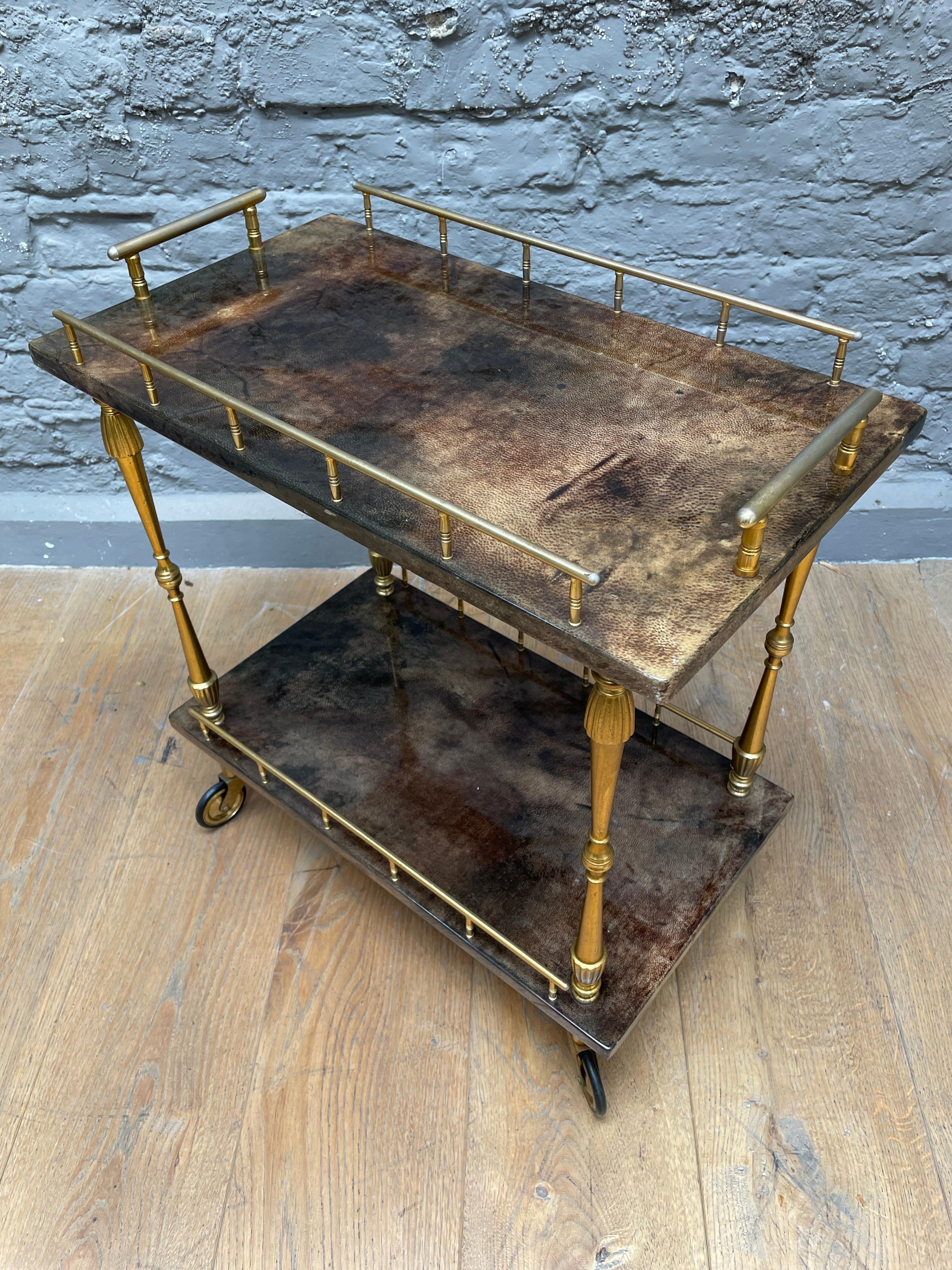 20th Century Petit Lacquered Goatskin and Brass Serving Table/Bar Cart by Aldo Tura