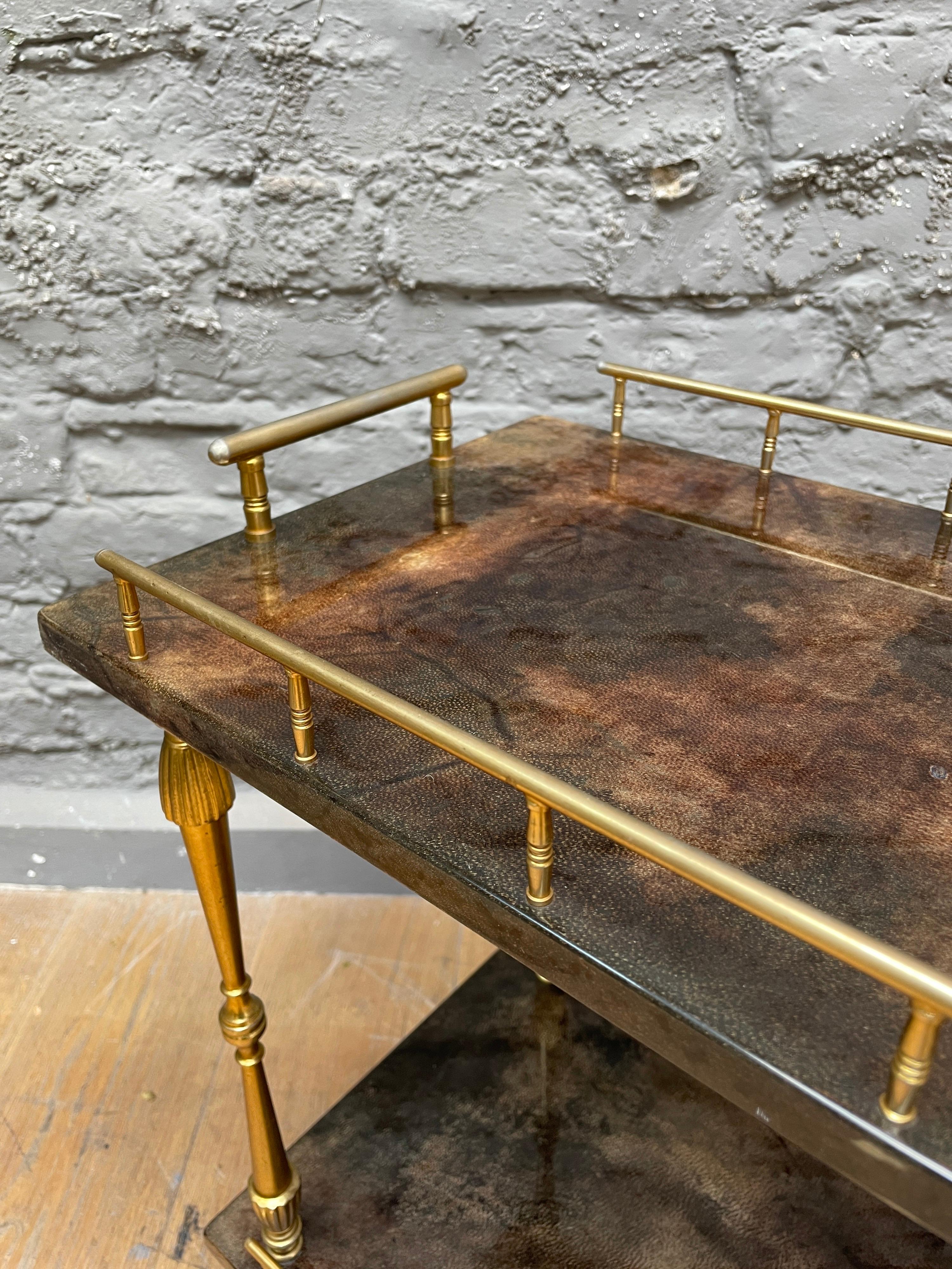 Petit Lacquered Goatskin and Brass Serving Table/Bar Cart by Aldo Tura 1