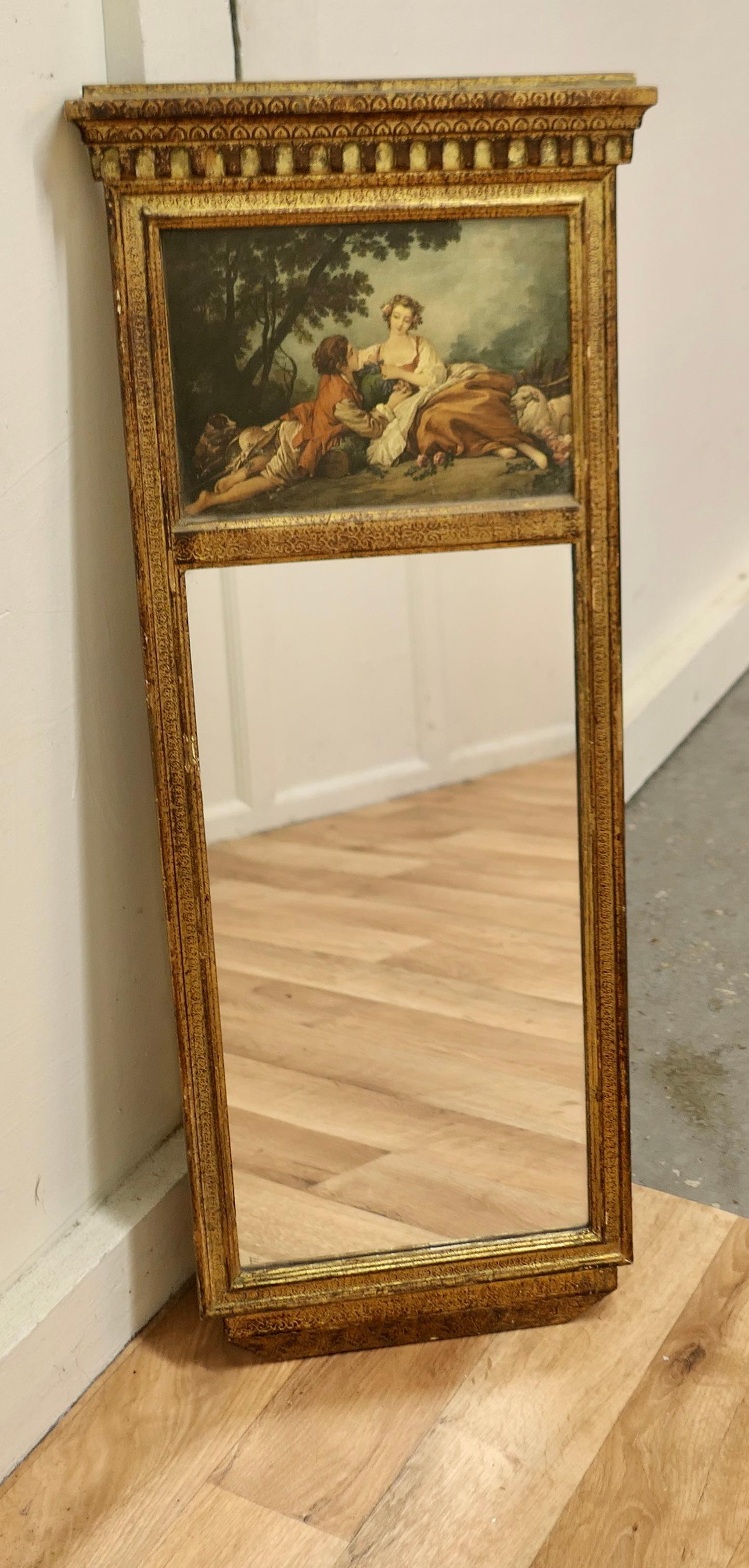A Petite 19th Century French Gilt Trumeau mirror

19th Century Gilt Wall Mirror with a picture of a Shepherdess and her admirer enjoying the countryside and beneath is a rectangular mirror. 
The mirror has a decorative age darkened gilt frame,