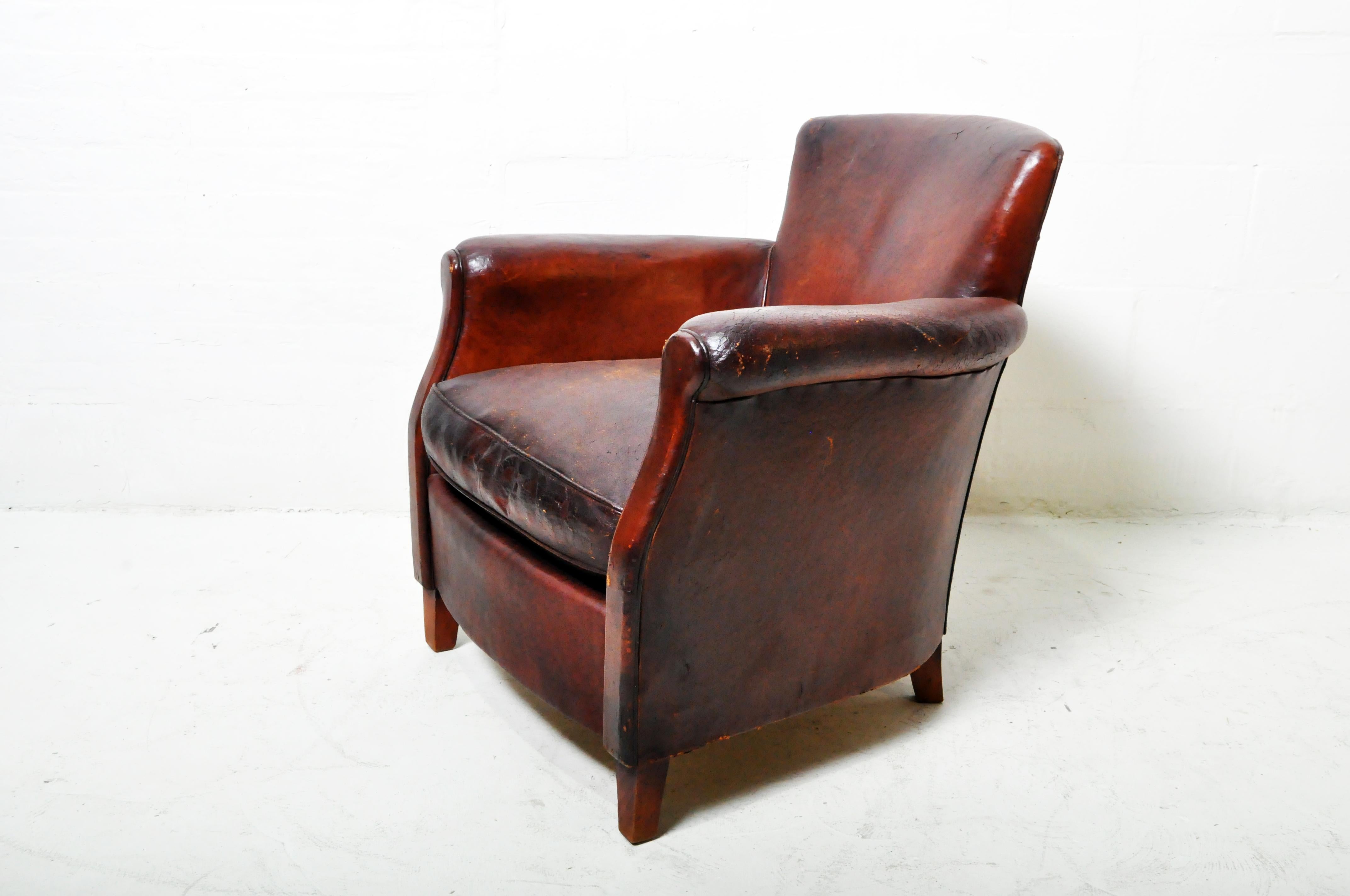 French Vintage Petite Art Deco Leather Club Chair