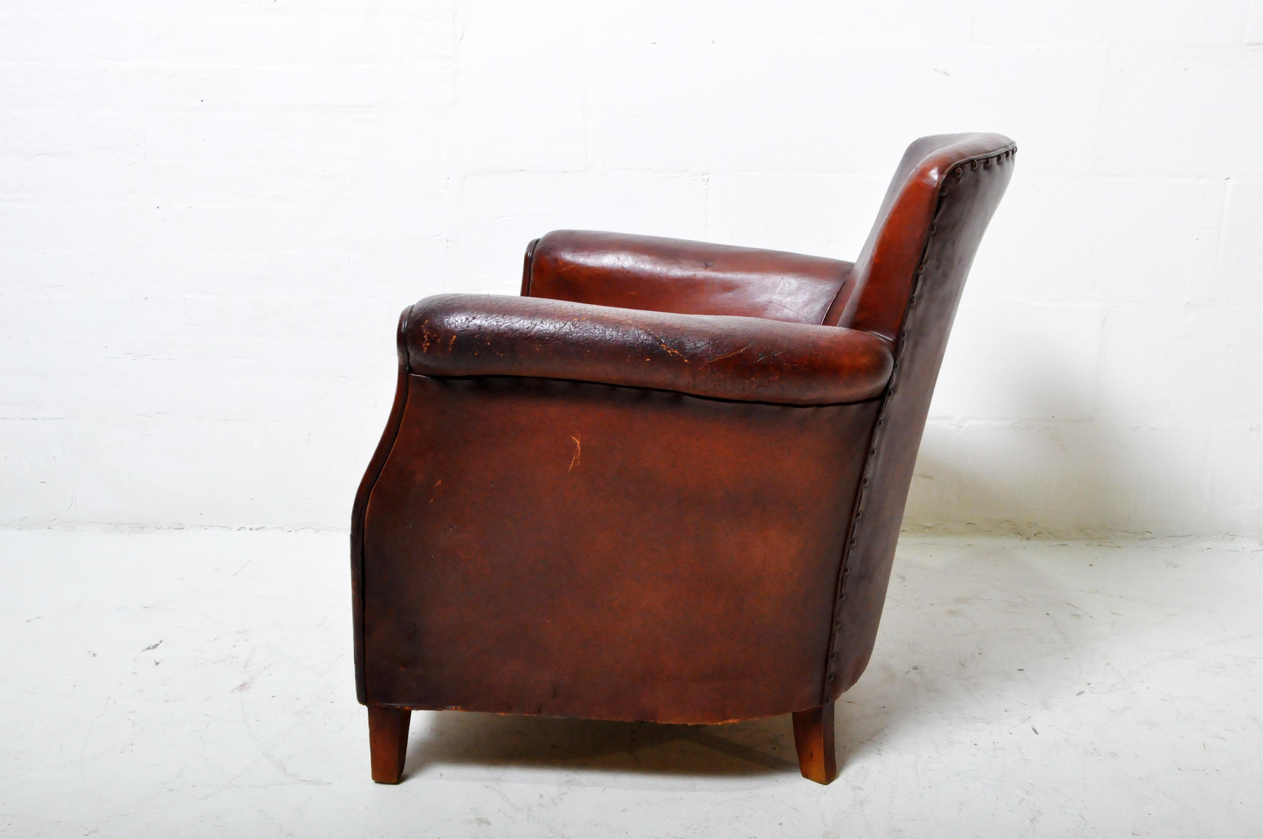 Vintage Petite Art Deco Leather Club Chair In Distressed Condition In Chicago, IL