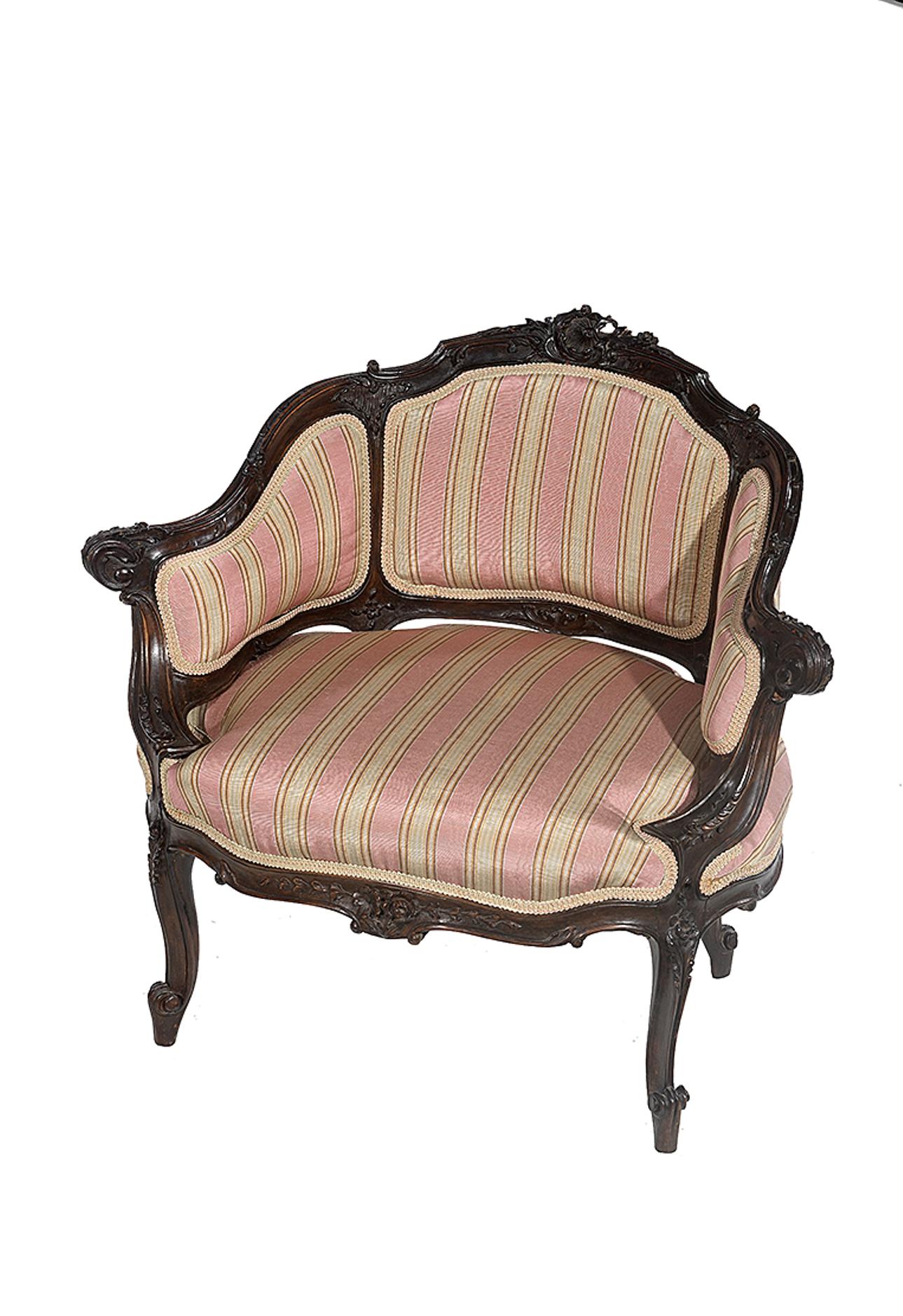 French Petite Carved Walnut Framed Armchair in the Louis XV Style For Sale