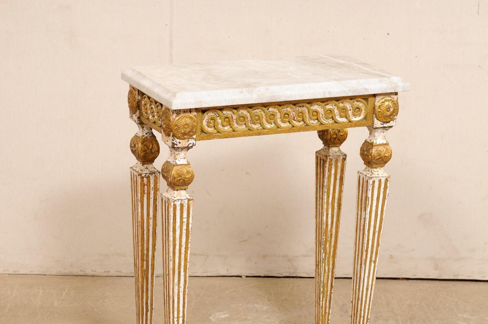 Marble A Petite Italian Antique Console w/Quartzite Top, Carved Apron & Fluted Legs For Sale