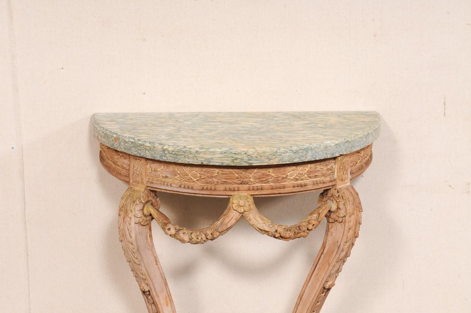 Neoclassical A Petite Italian Antique Wall Console w/Neoclassic Carvings and Marble Top For Sale
