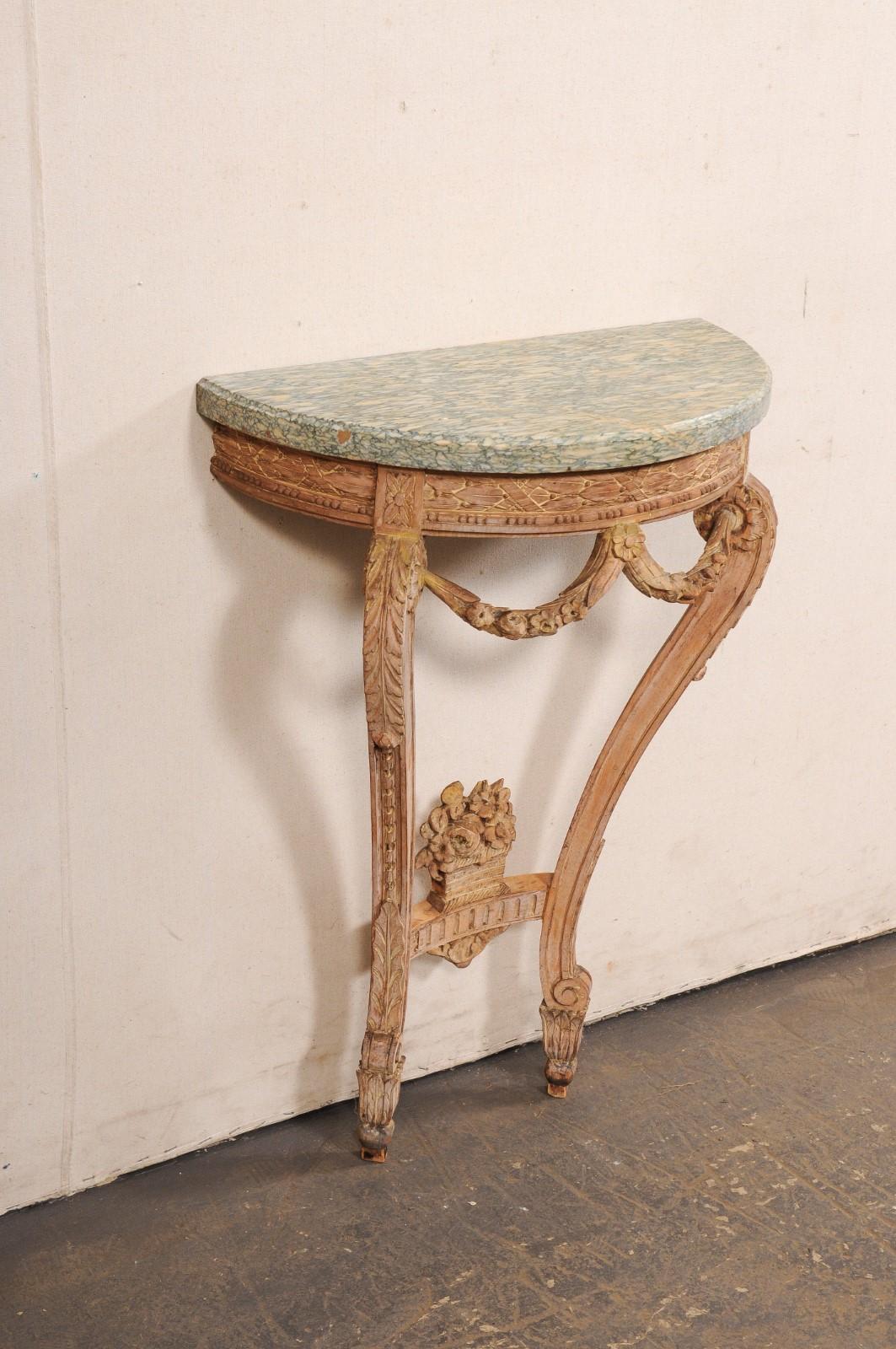 20th Century A Petite Italian Antique Wall Console w/Neoclassic Carvings and Marble Top For Sale