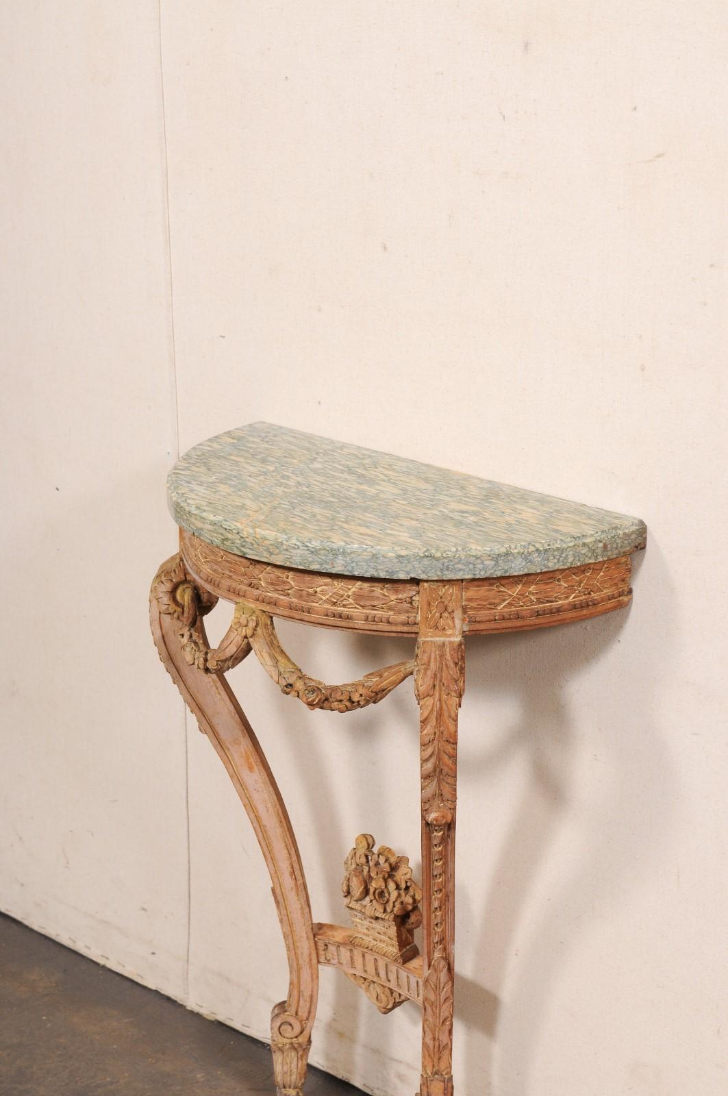 A Petite Italian Antique Wall Console w/Neoclassic Carvings and Marble Top For Sale 1