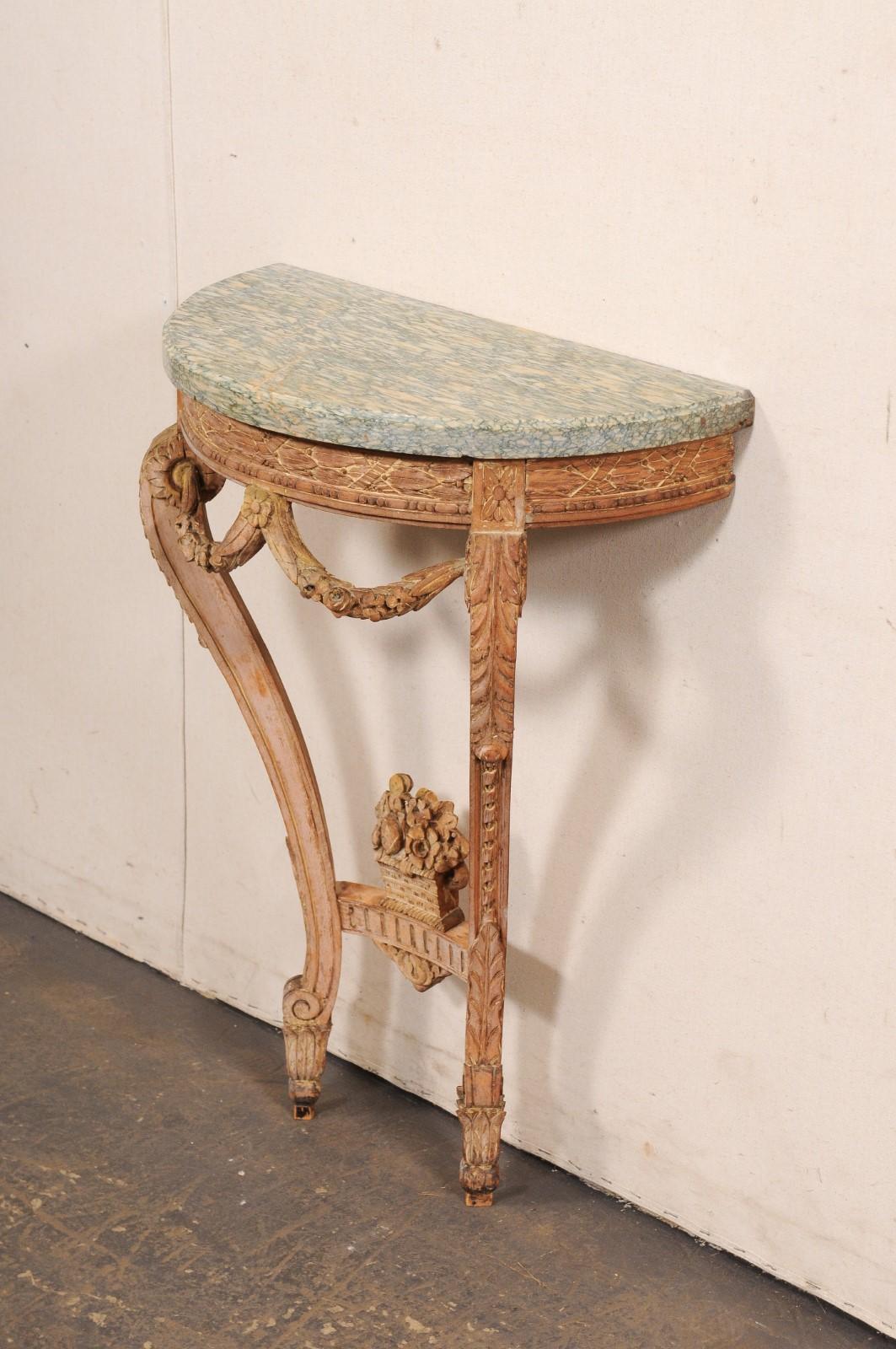 A Petite Italian Antique Wall Console w/Neoclassic Carvings and Marble Top For Sale 2