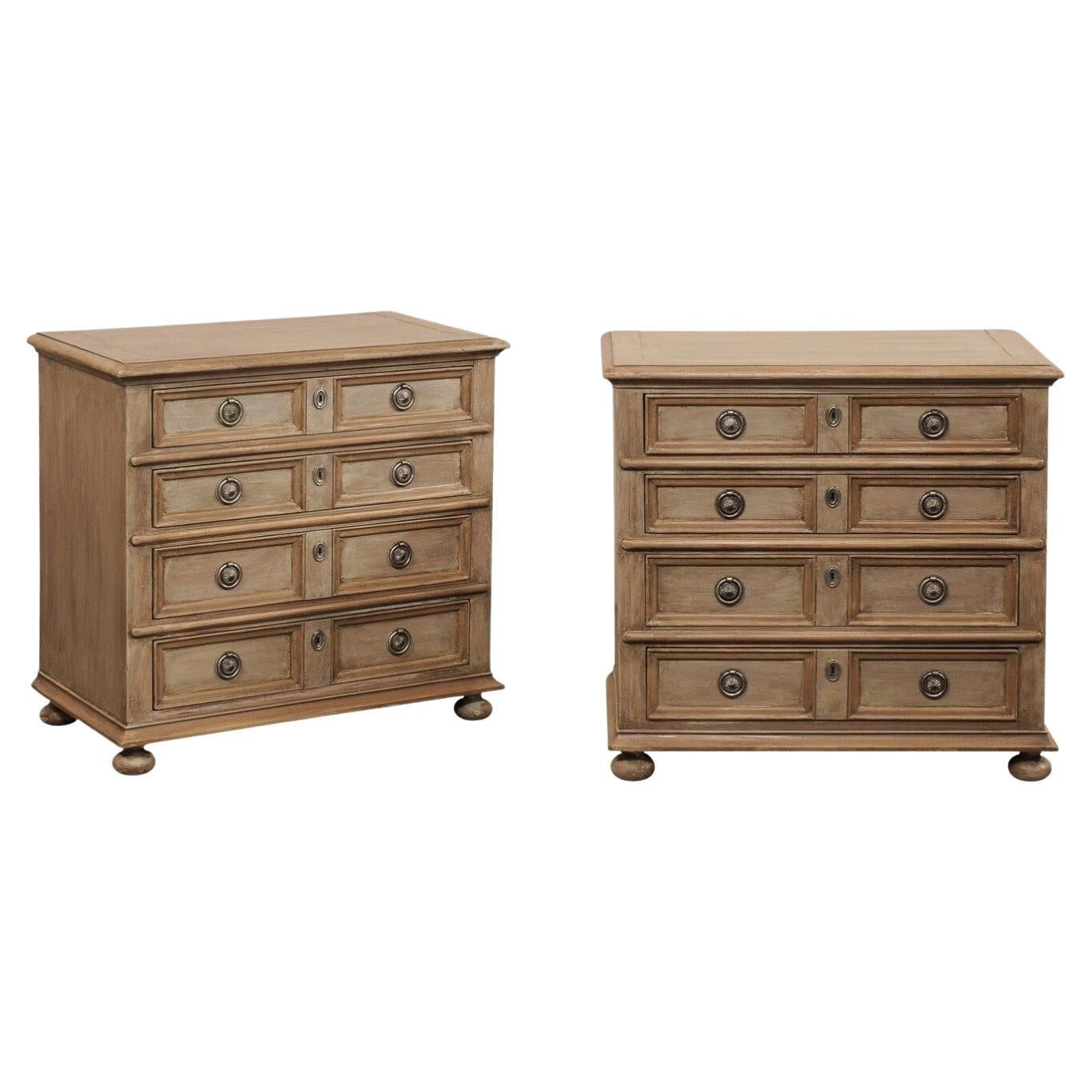 A Petite Pair of English Four Drawer Panel-Front Chests (2.5 Ft. Wide) For Sale