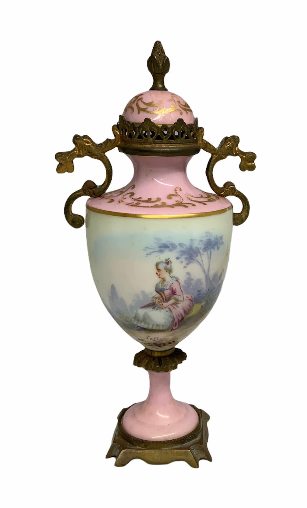 Petite Sevres Porcelain and Bronze Ormolu Mounted Urn Vase In Fair Condition For Sale In Guaynabo, PR