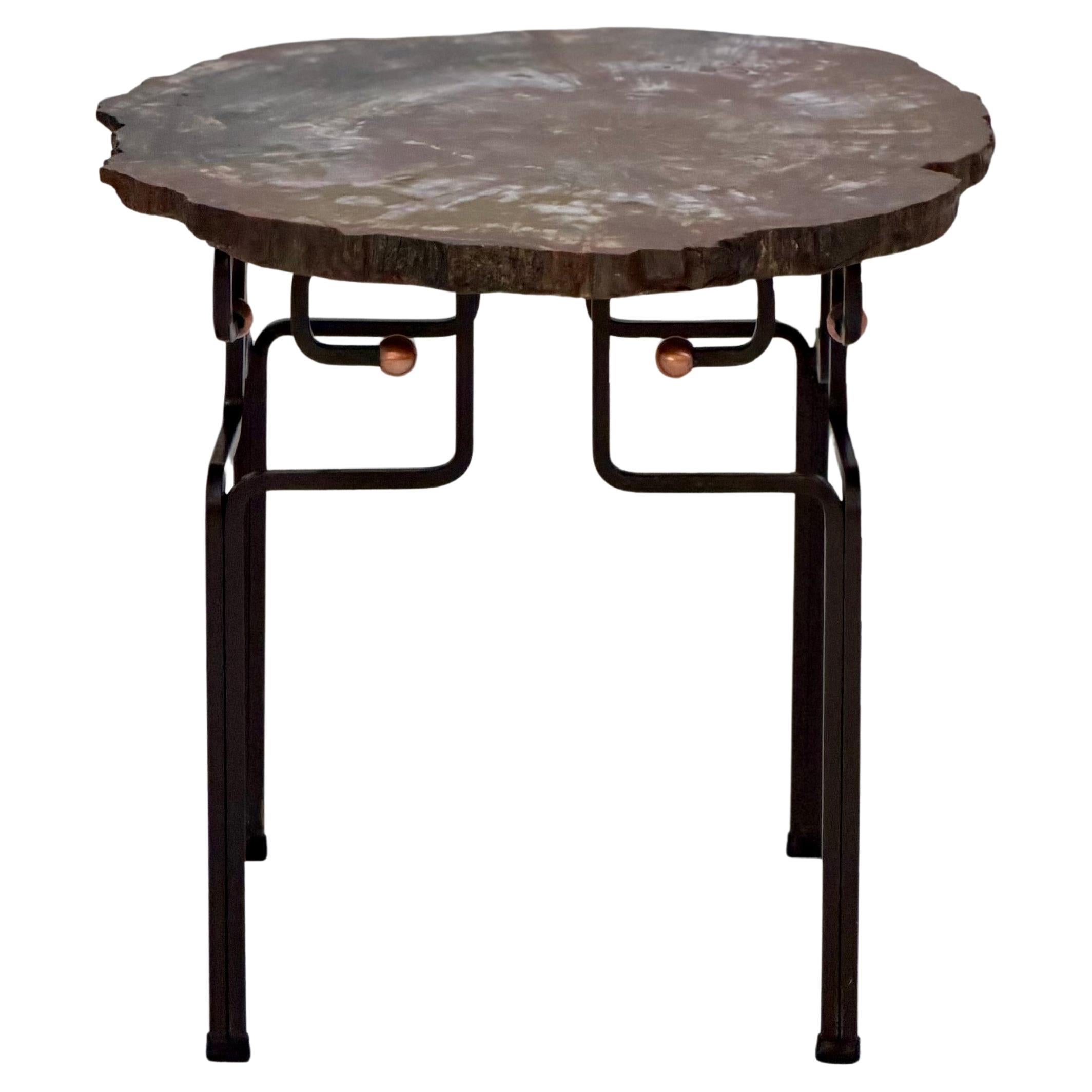 A Petrified Wood Accent Table on Iron and Copper Base For Sale
