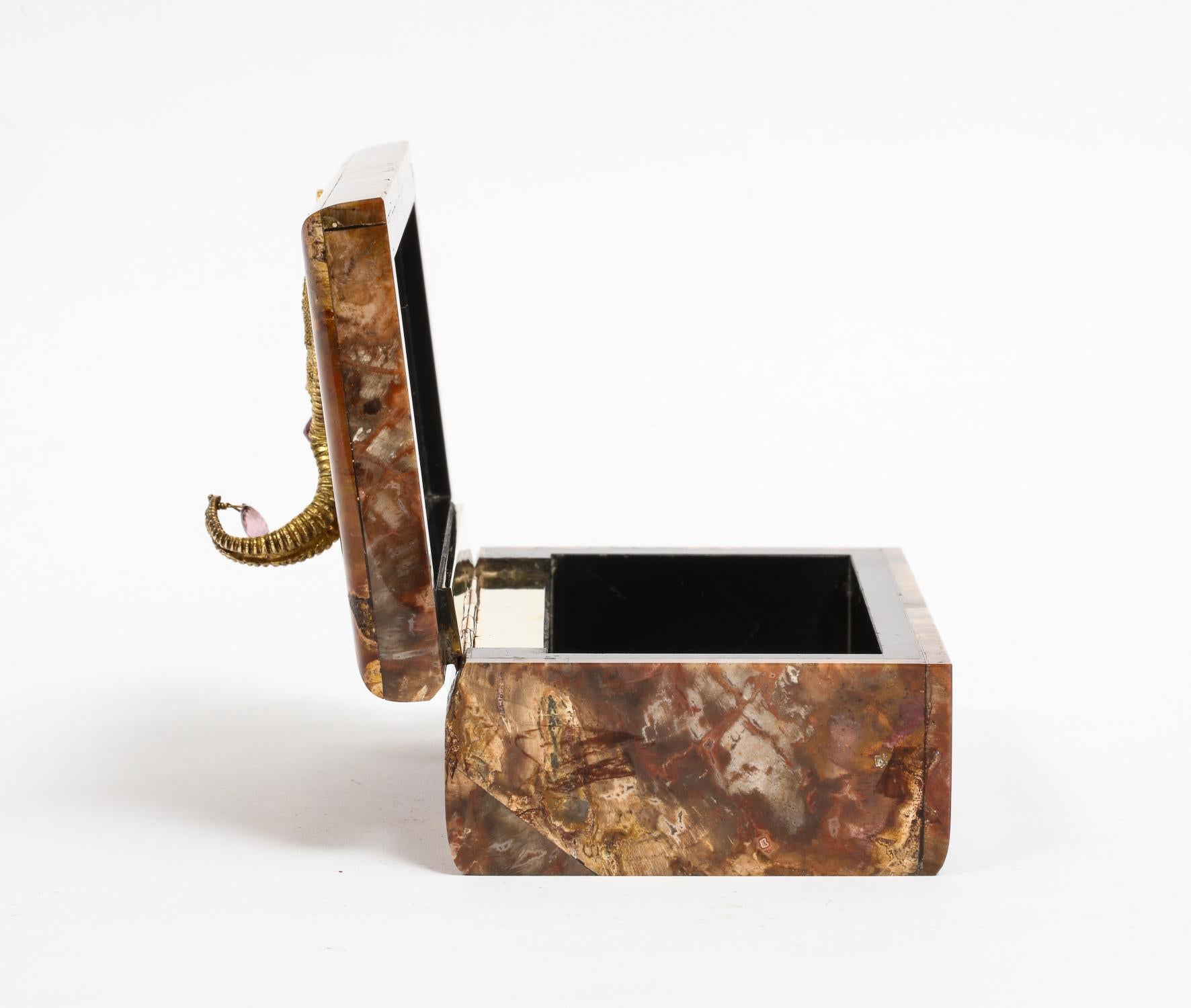 20th Century Petrified Wood Box with Silver-Gilt Starfish and Pink Sapphire by Nardi