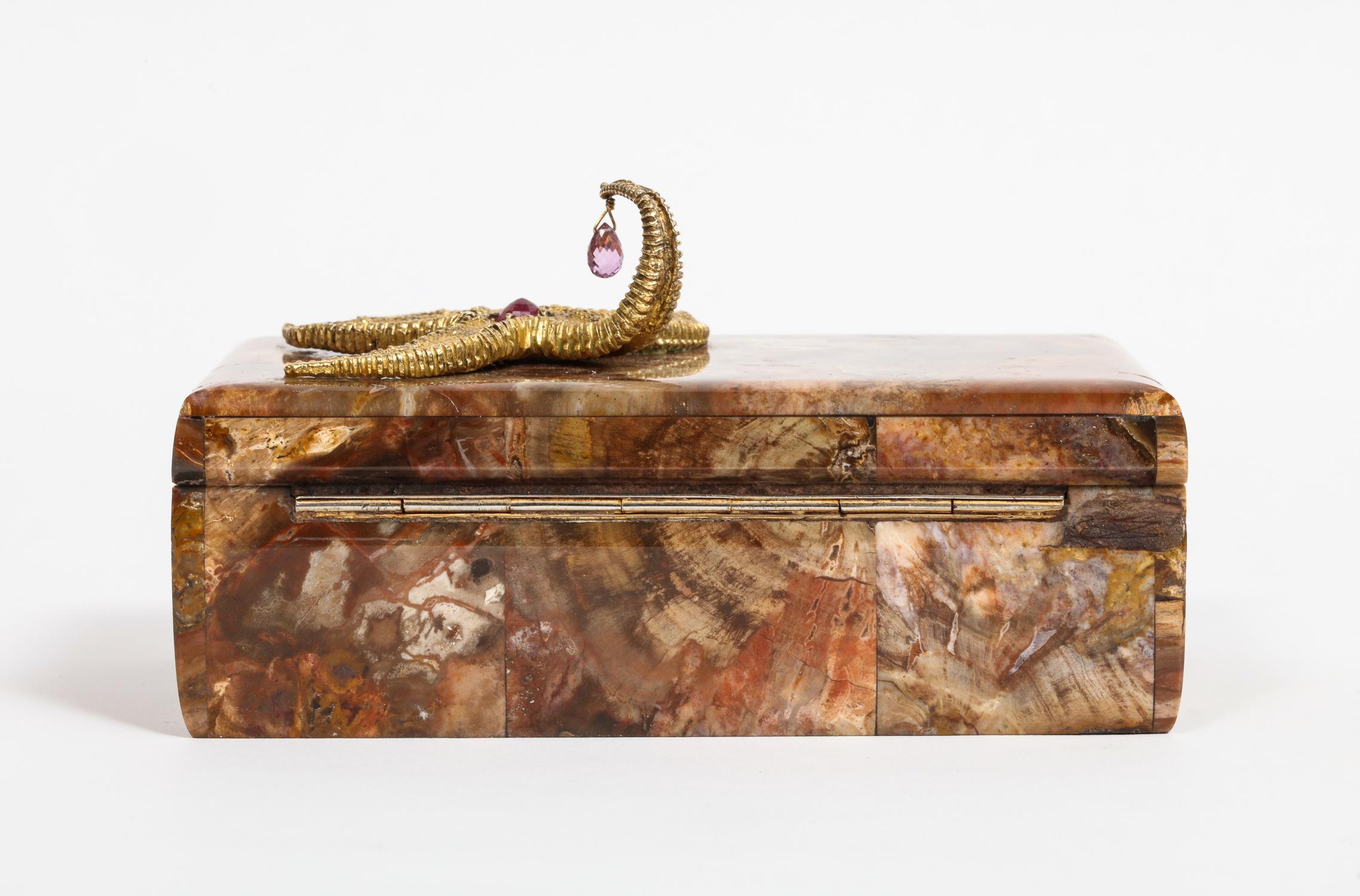 Petrified Wood Box with Silver-Gilt Starfish and Pink Sapphire by Nardi 2