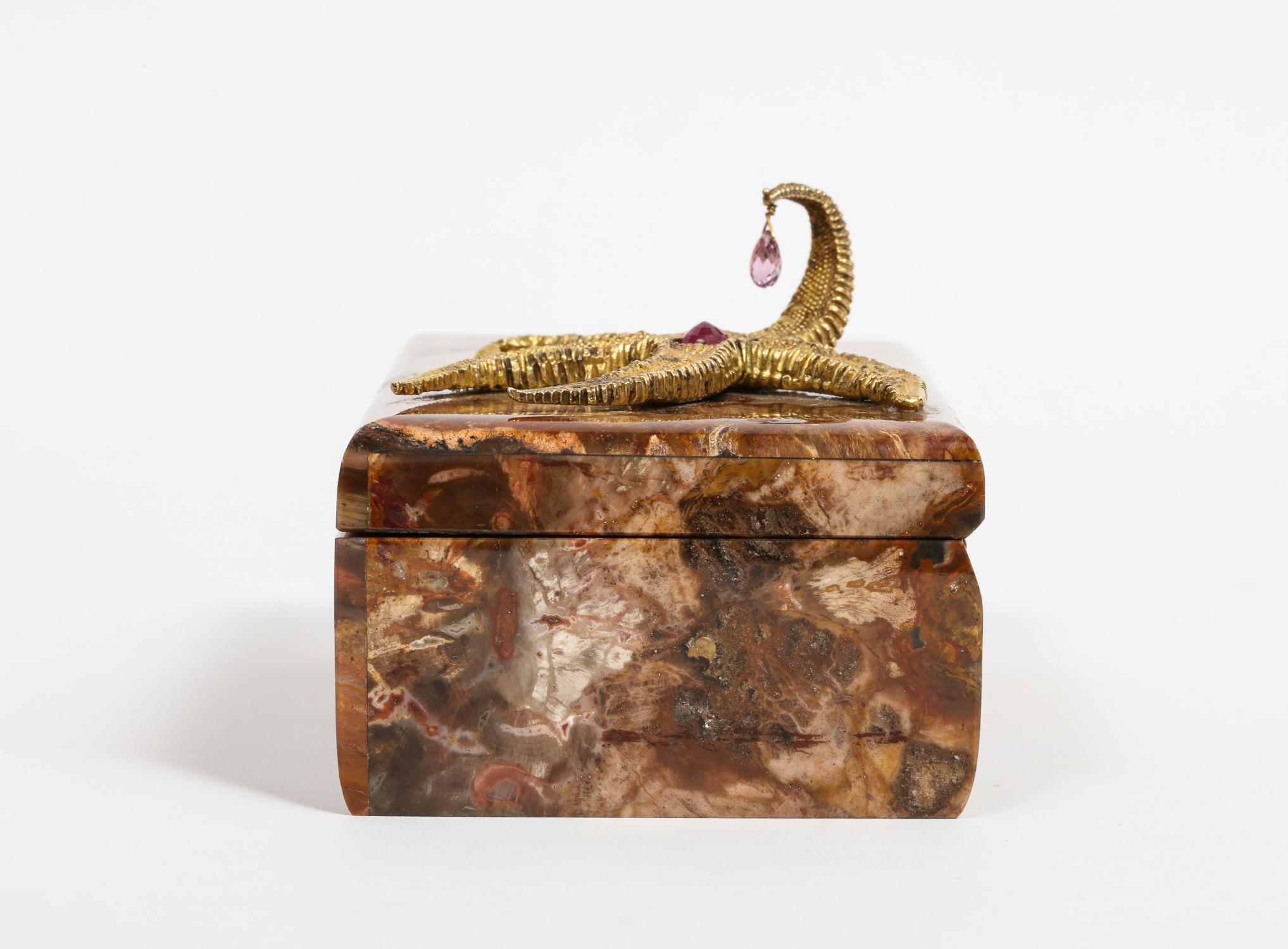 Petrified Wood Box with Silver-Gilt Starfish and Pink Sapphire by Nardi 3