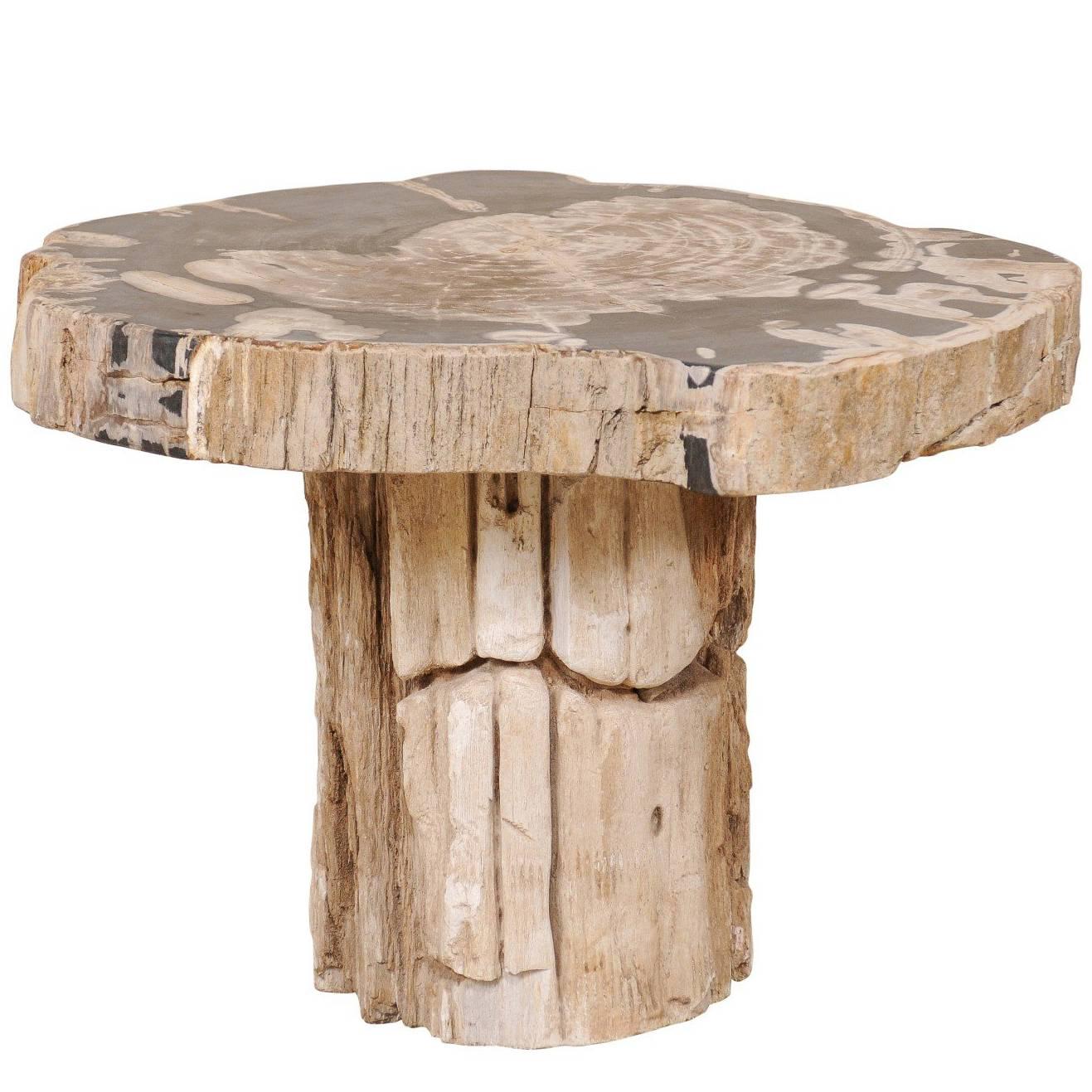 Petrified Wood Pedestal Coffee Table in Cream, Beige and Black Hues