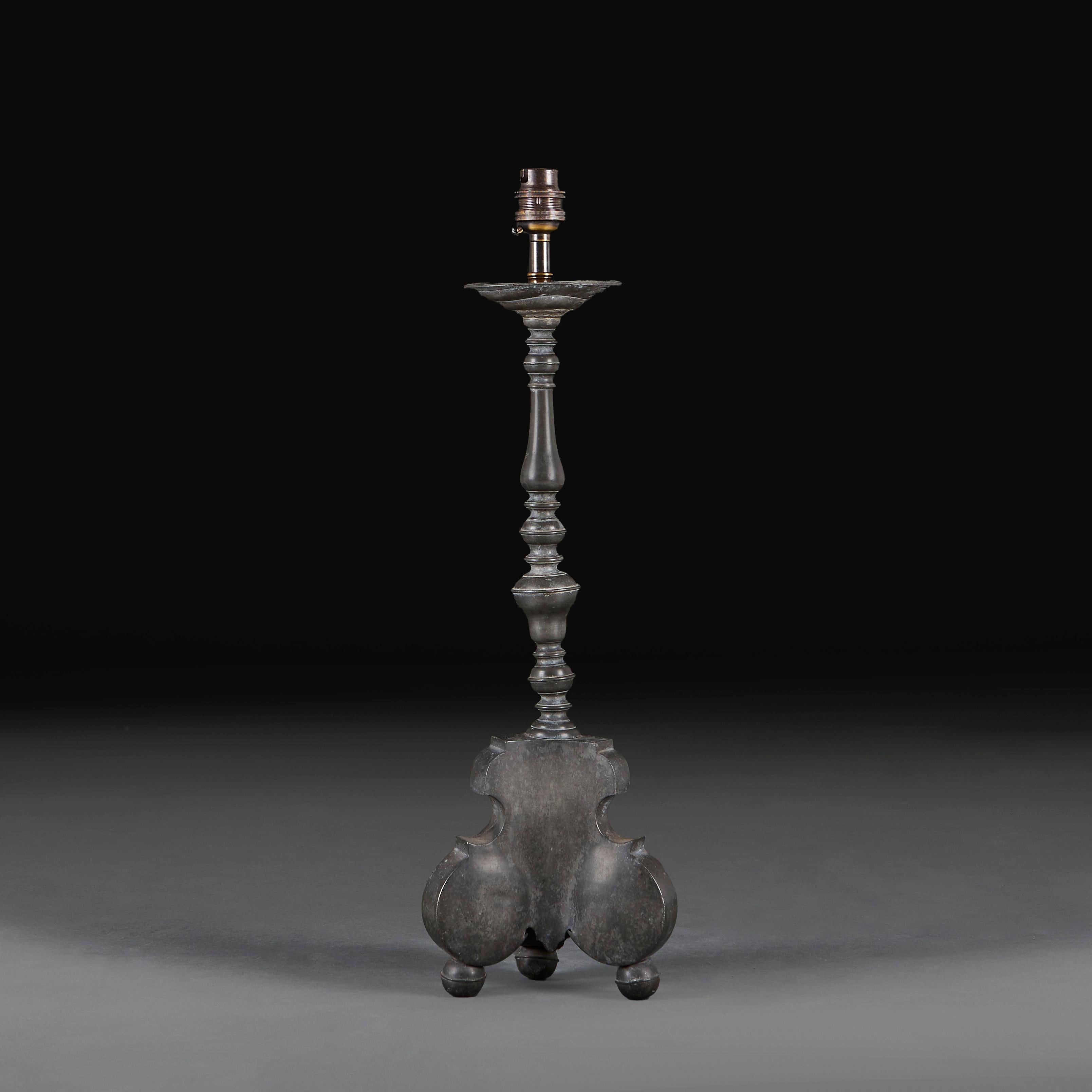 French A Pewter Candlestick Lamp Of Large Scale For Sale