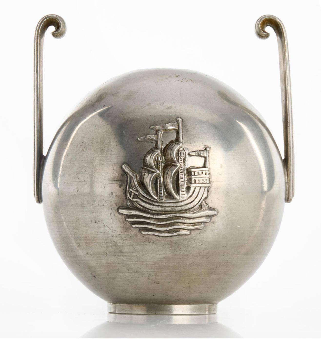  A pewter vase by C.G Hallberg, Stockholm 1929, with relief decoration of ships. 