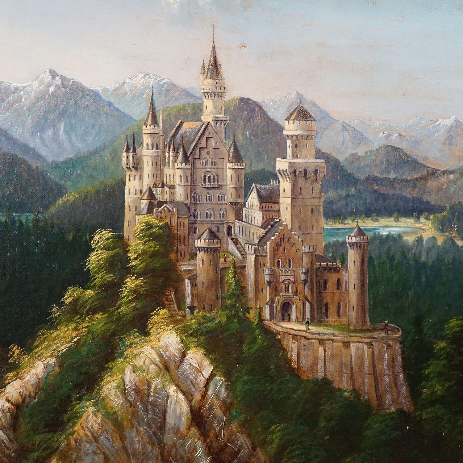 A great oil painting depicting castle neuschwanstein. Oil on canvas by A. Pfisterer 1896. Framed with antique richly decorated and gilded frame. Signed on the lower right. Frame with some defects.

Measures: Width 36.02