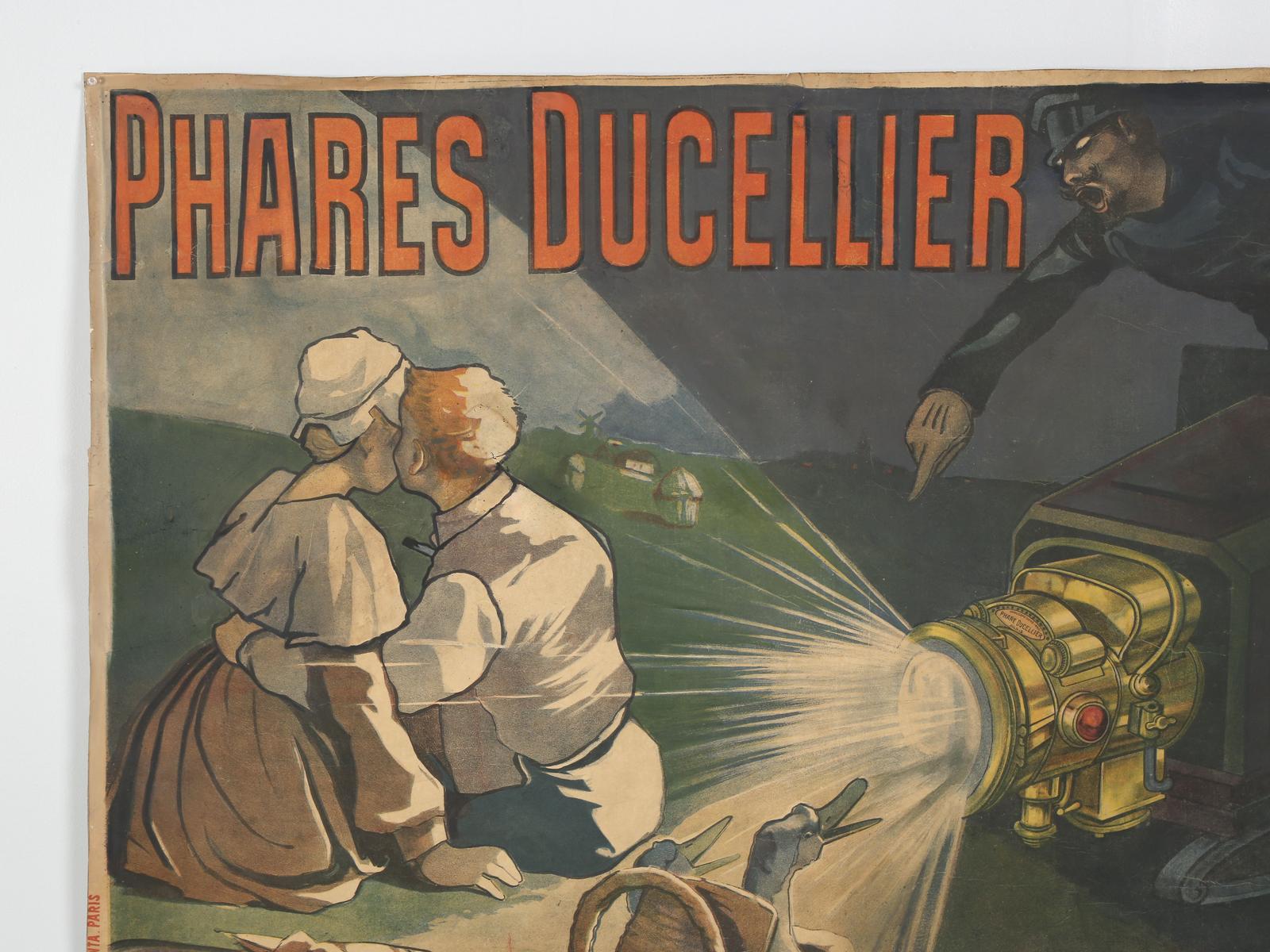 Philippe Chappelier was a very talented caricaturist, with a great sense of humor and designed a handful of truly exceptional posters. In this Art Nouveau turn-of-the-century poster, he paints a car driving in the countryside, surprising an
