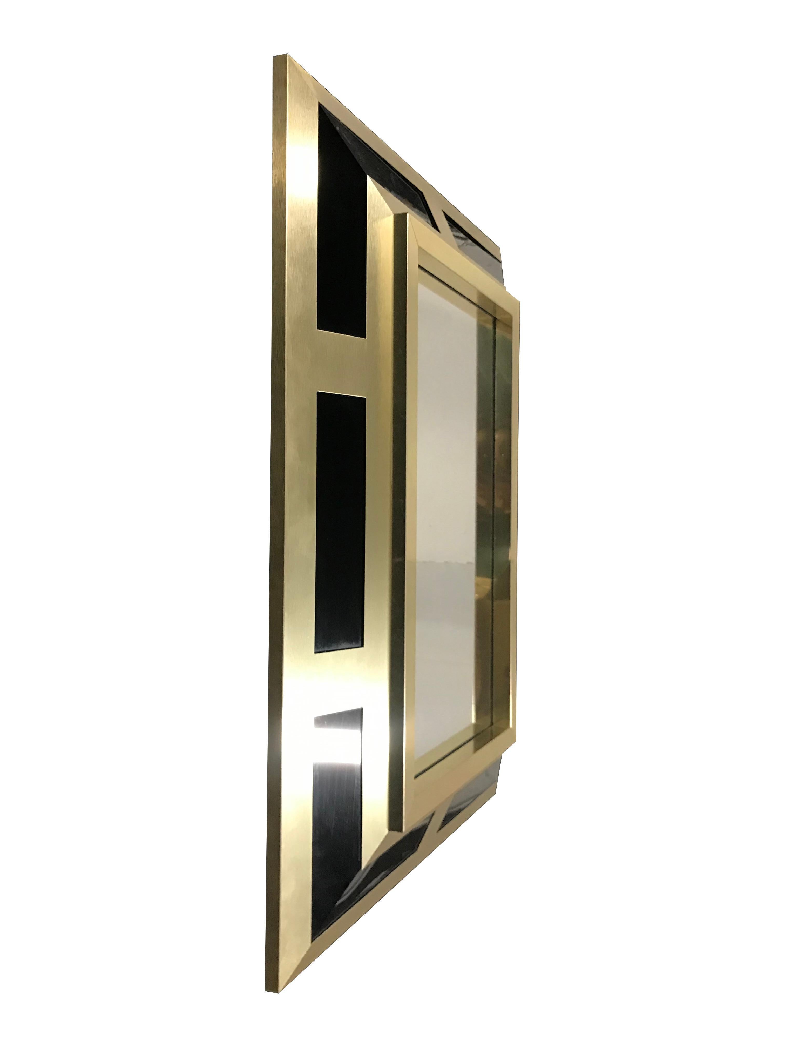 Philippe Jean Brushed Brass Finish and Black Lucite Mirror, Signed 3