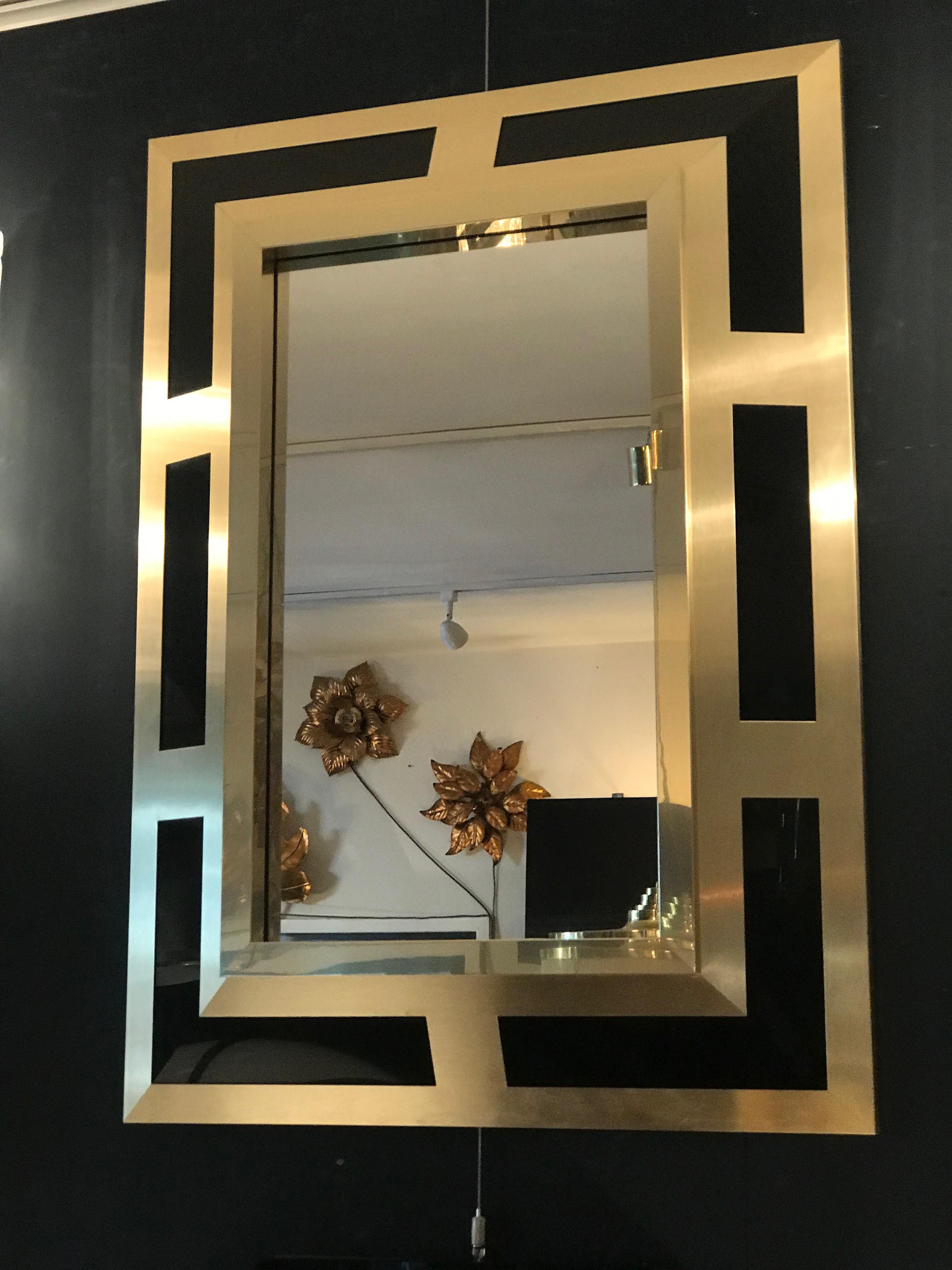 Philippe Jean Brushed Brass Finish and Black Lucite Mirror, Signed 5
