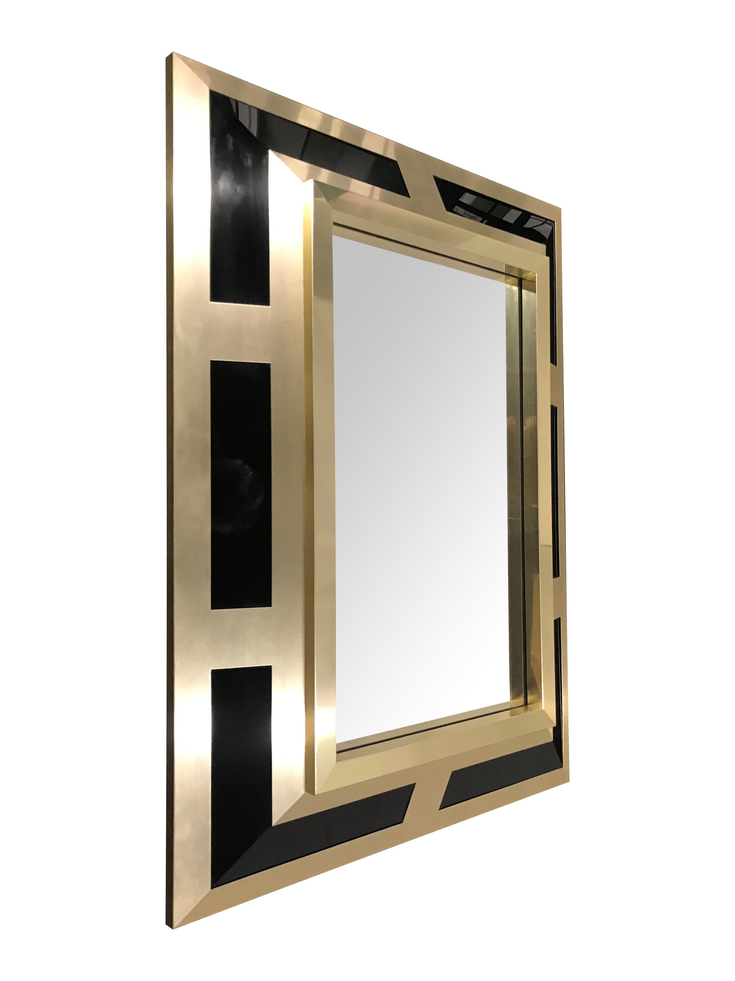 Philippe Jean Brushed Brass Finish and Black Lucite Mirror, Signed In Good Condition In London, GB