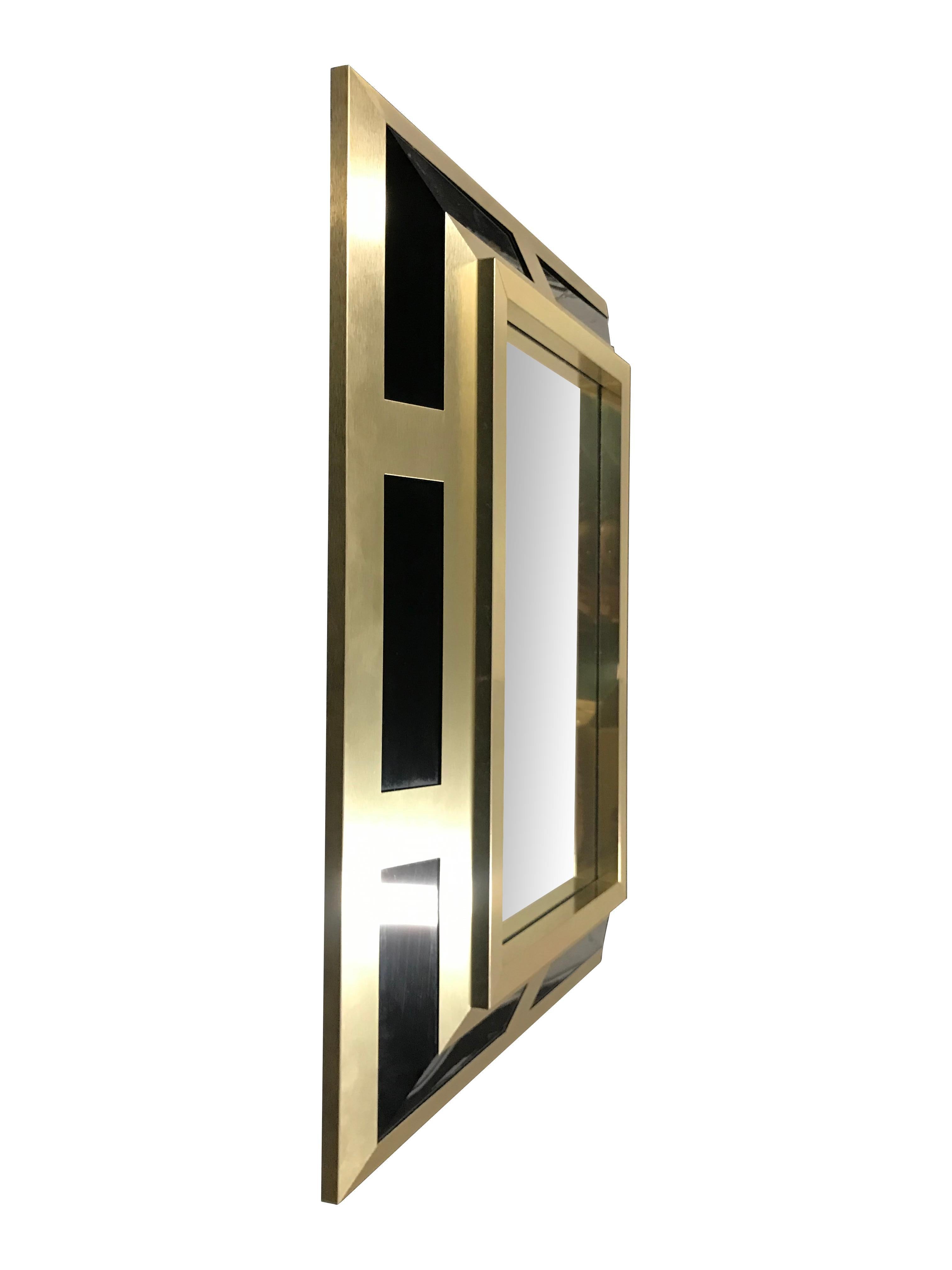 Metal Philippe Jean Brushed Brass Finish and Black Lucite Mirror, Signed