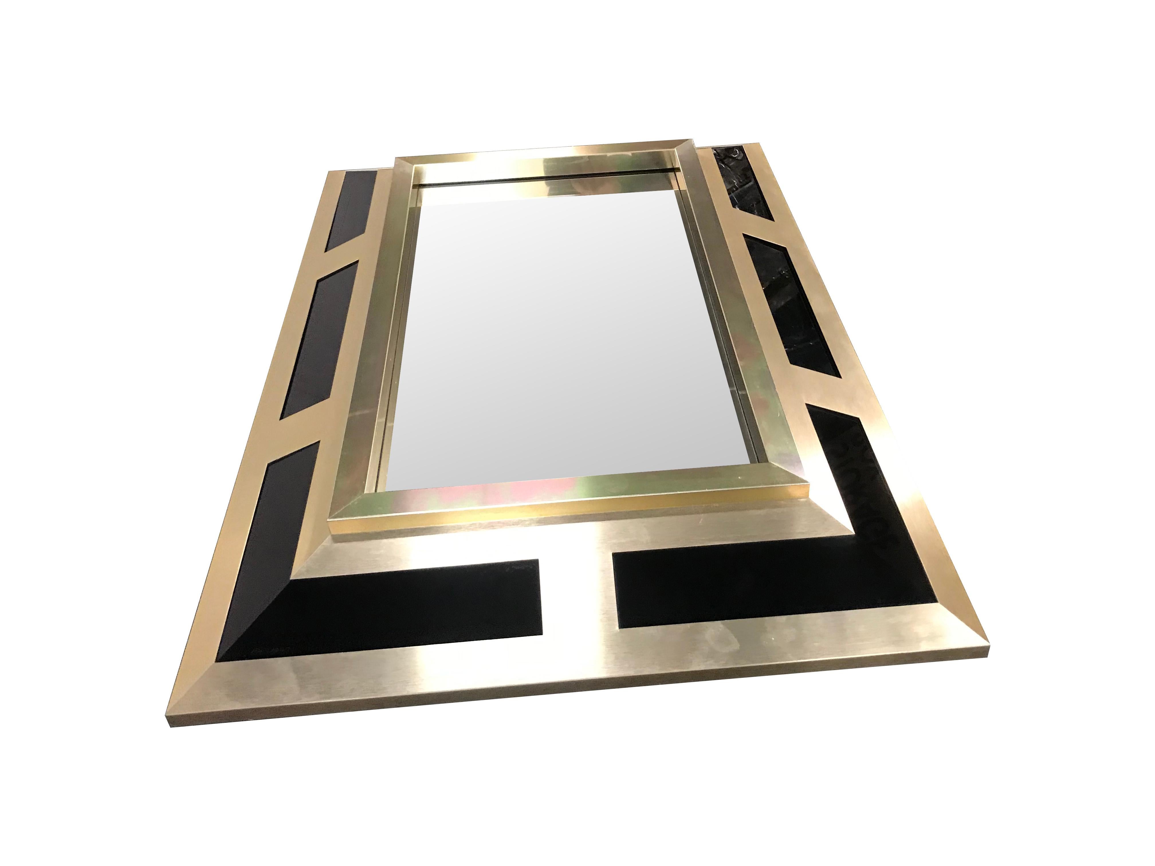 Philippe Jean Brushed Brass Finish and Black Lucite Mirror, Signed 1