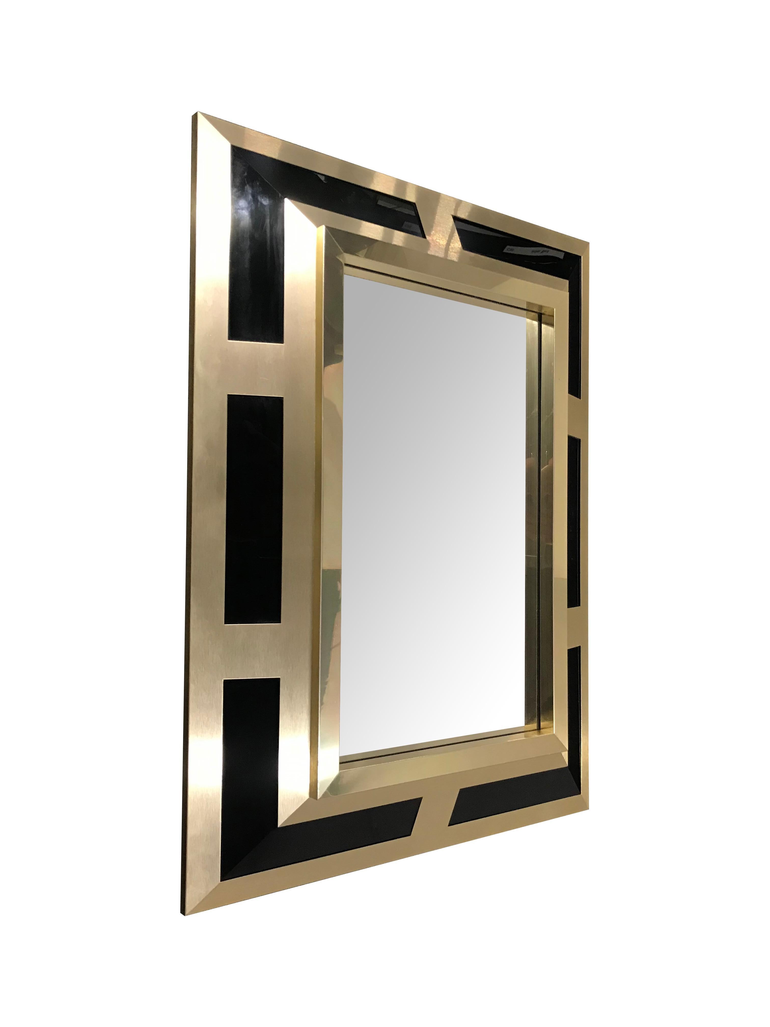 Philippe Jean Brushed Brass Finish and Black Lucite Mirror, Signed 2
