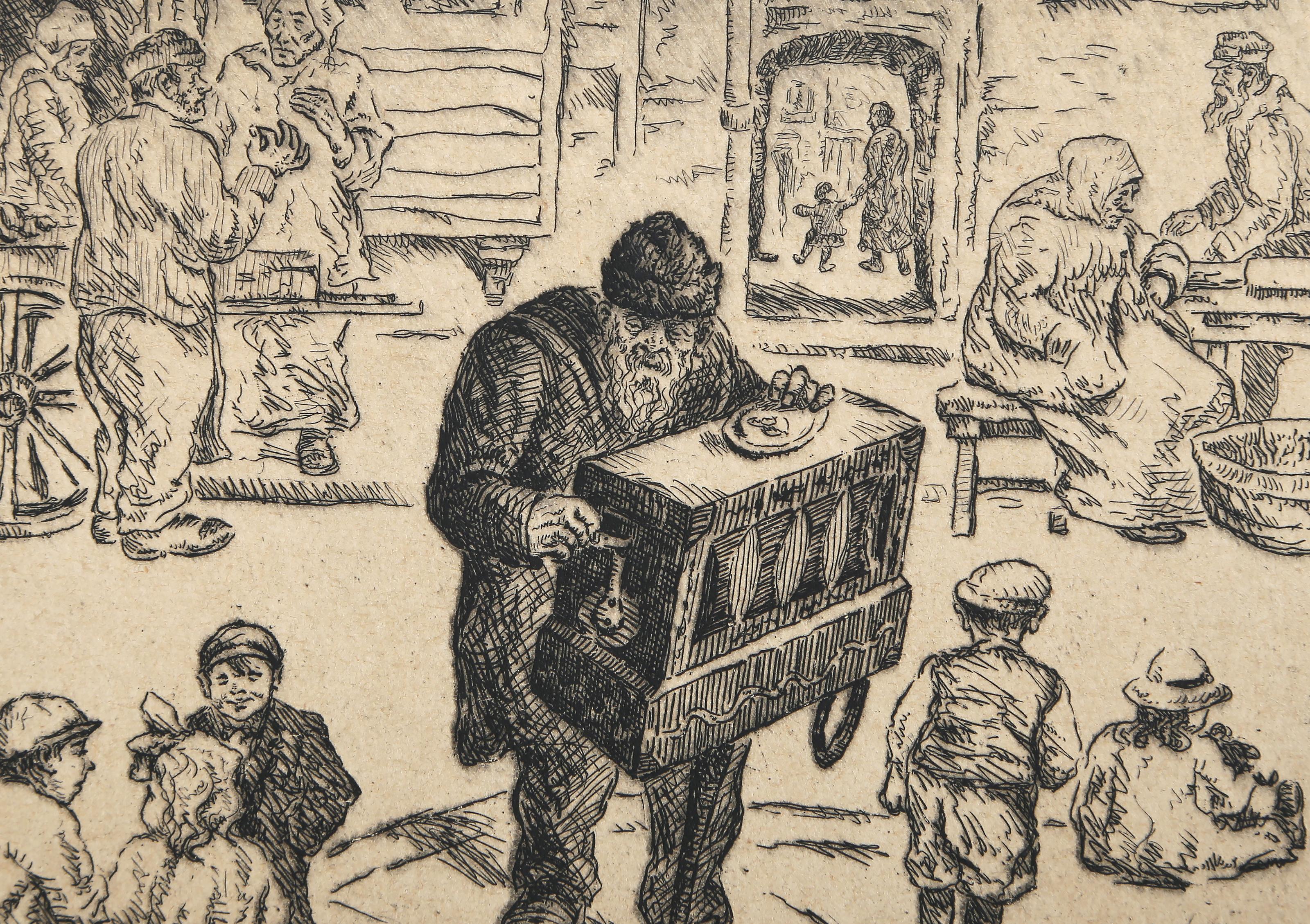 Caja de música, Grabado al aguafuerte de escena urbana anterior al siglo XX firmado por A Phillips en venta 1