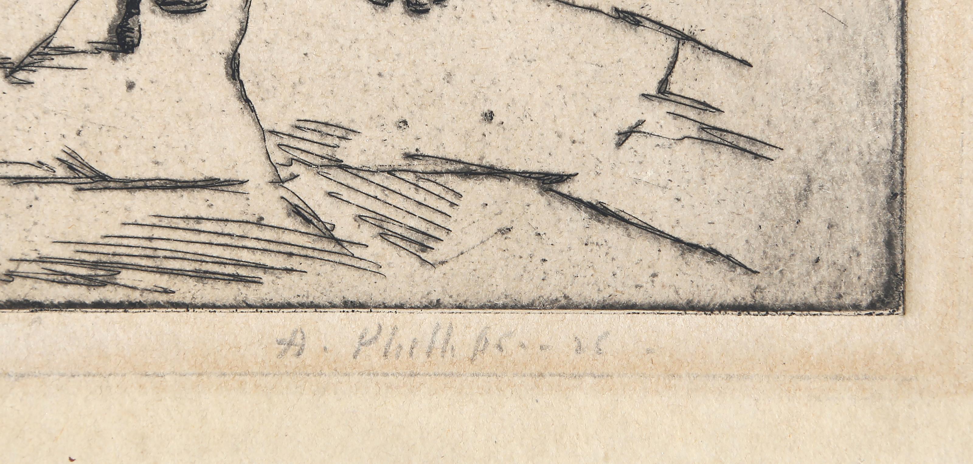 Caja de música, Grabado al aguafuerte de escena urbana anterior al siglo XX firmado por A Phillips en venta 4