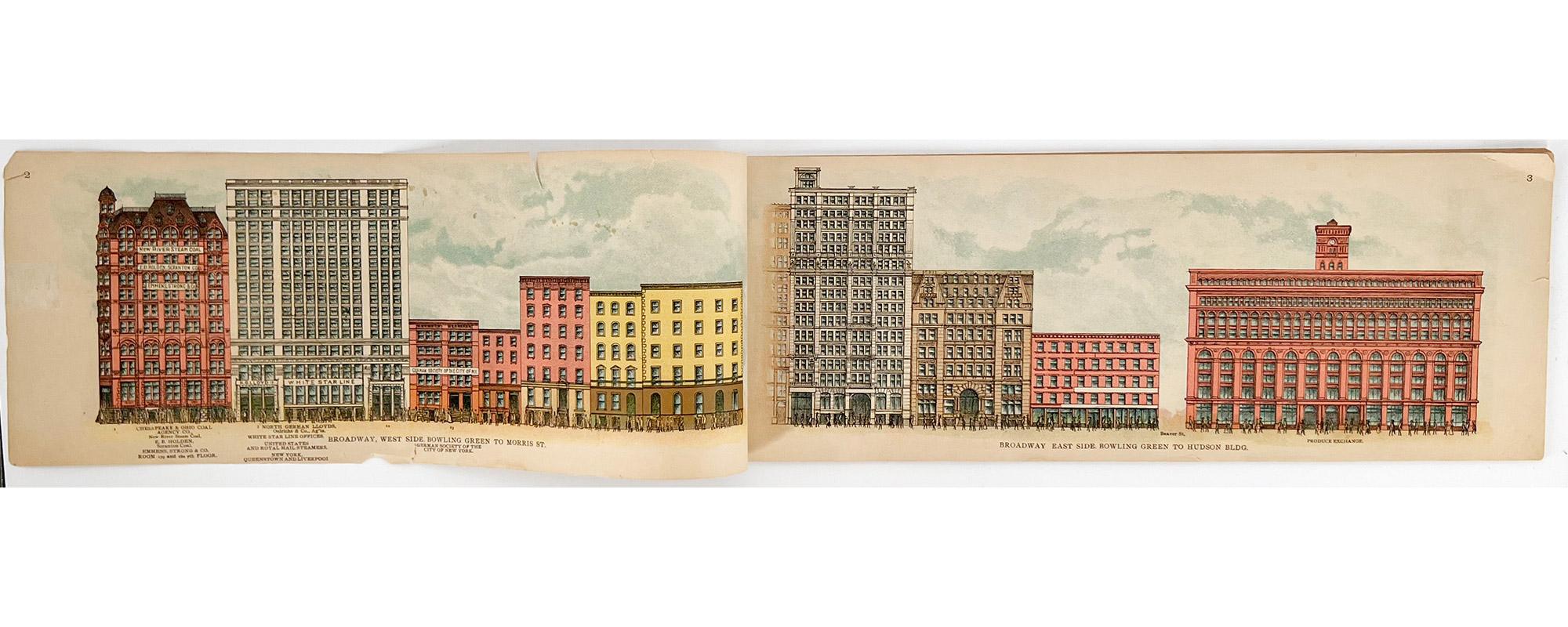 Che aspetto aveva Broadway all'inizio del XX secolo? Ecco una scarsa e importante vista blocco per blocco.

New York: The Mail and Express, 1899. PRIMA EDIZIONE
Foglio oblungo, 6 1/8 x 16 7/8 pollici (155 x 428 mm), 74 cromolitografie (pagine