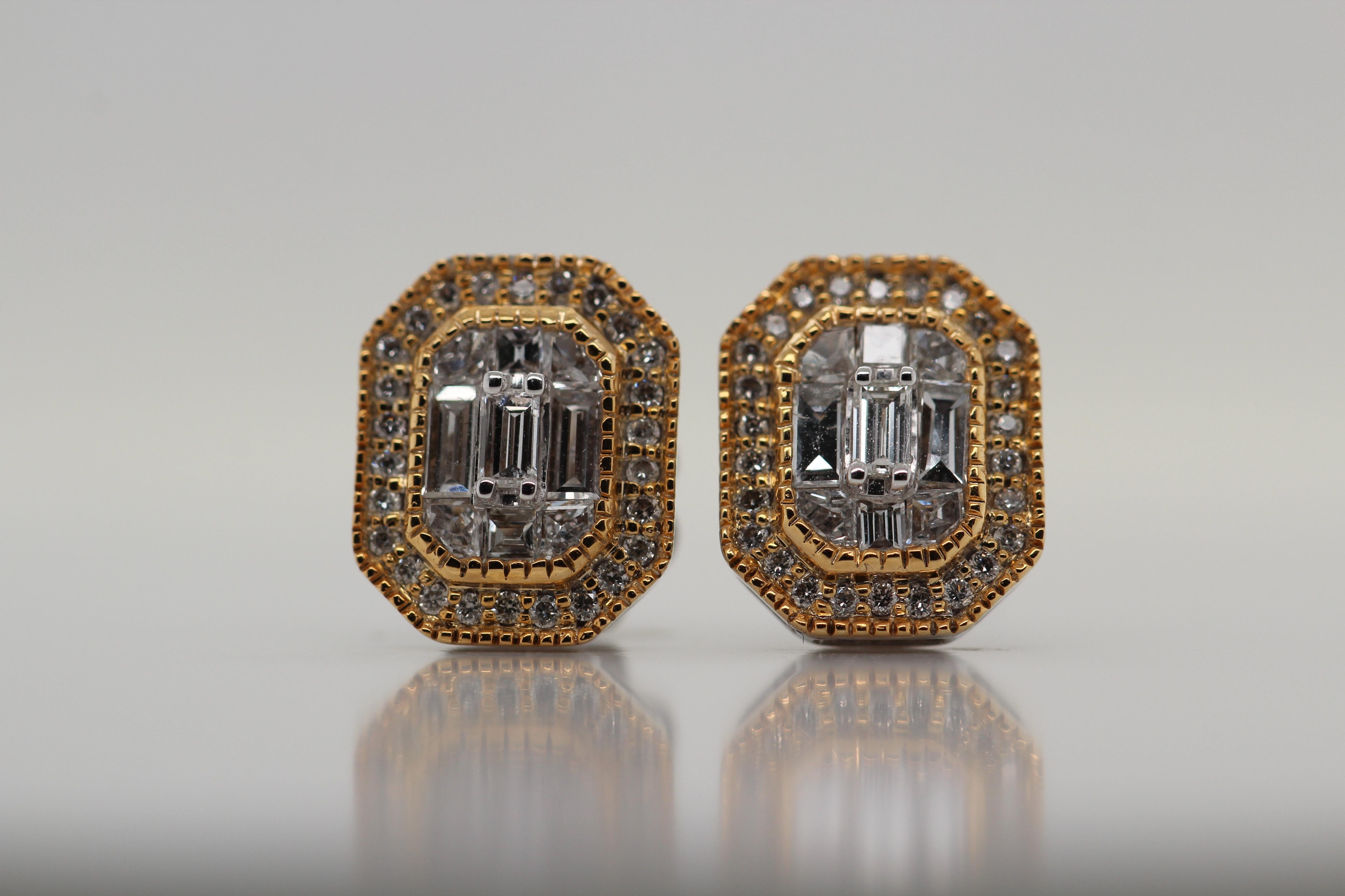 A new 18 Karat pie cut diamond earring. The pie cut is about 0.62 carat and the total diamond weight of the earrings are 0.80 carat. The weight of the earrings is 4.54 grams.