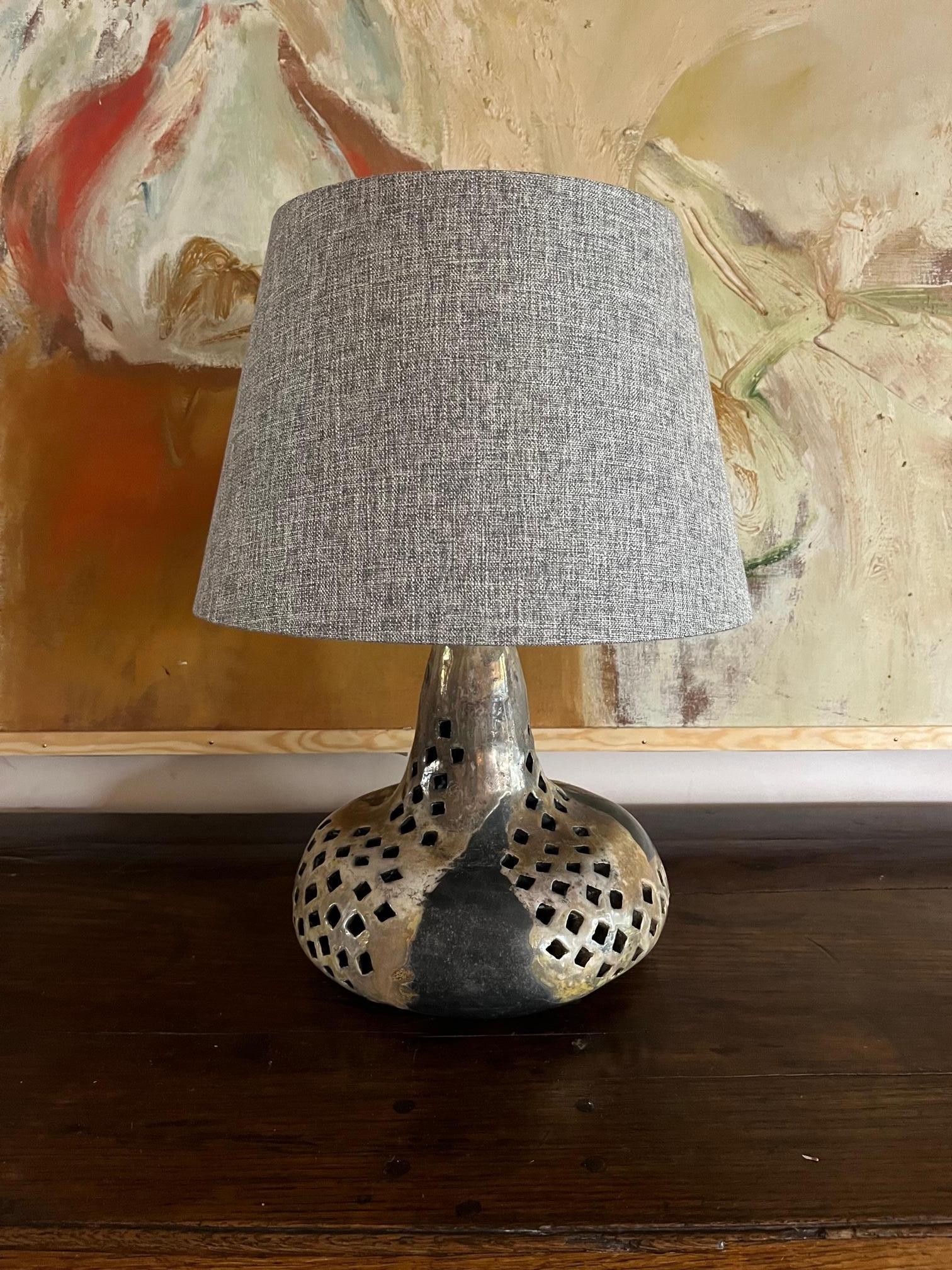 Pierced Glazed Ceramic Lamp with Internal Light, French, C.1970s In Good Condition For Sale In London, GB