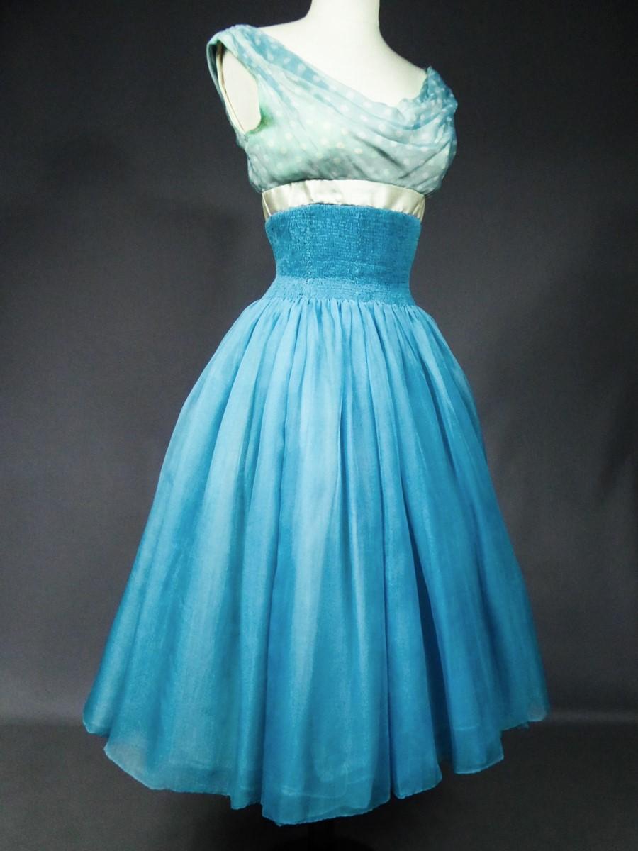 A Pierre Balmain Couture Turquoise Silk Chiffon Cocktail Gown Circa 1958 For Sale 2