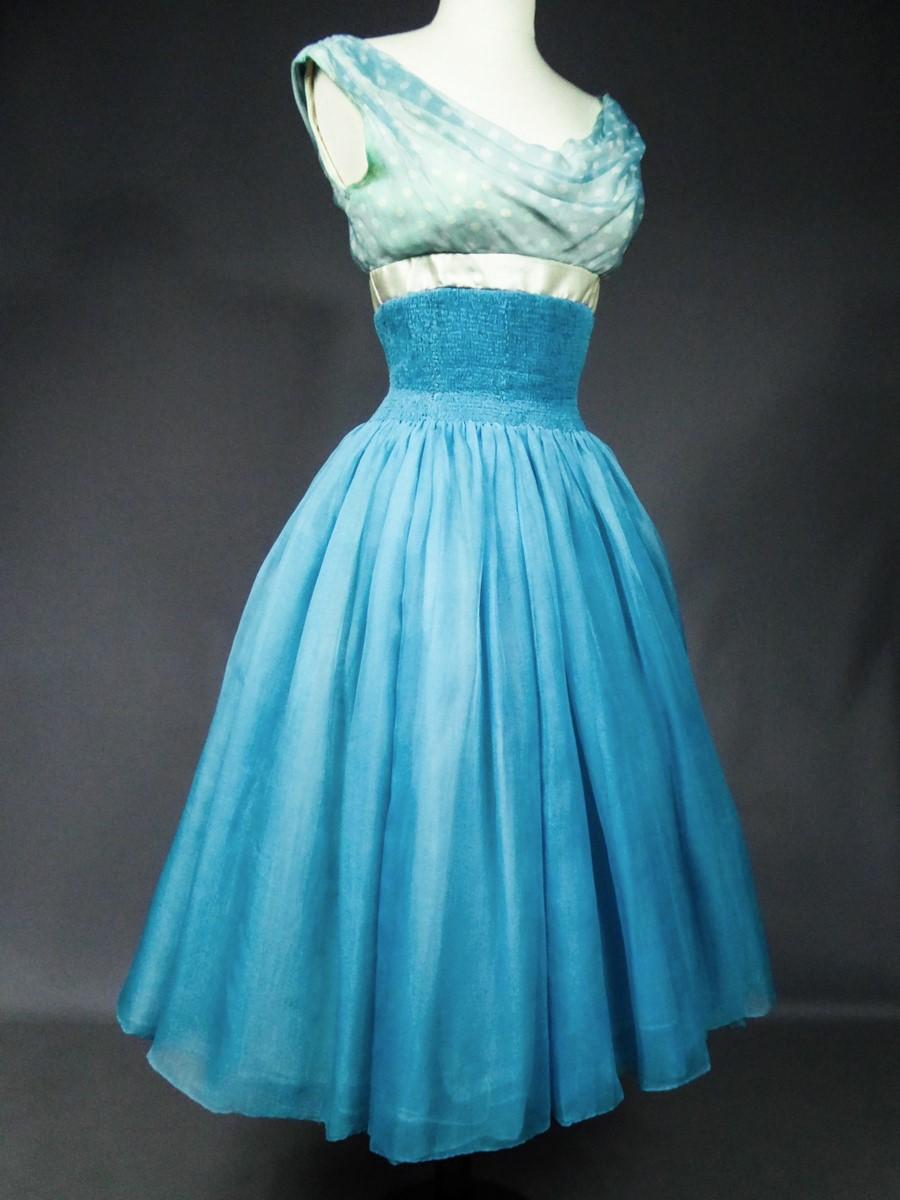 A Pierre Balmain Couture Turquoise Silk Chiffon Cocktail Gown- France Circa 1958 For Sale 2