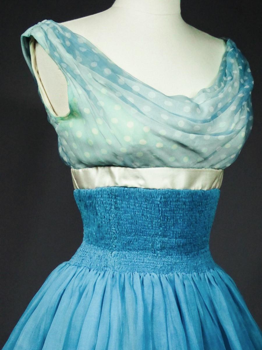 A Pierre Balmain Couture Turquoise Silk Chiffon Cocktail Gown Circa 1958 For Sale 3