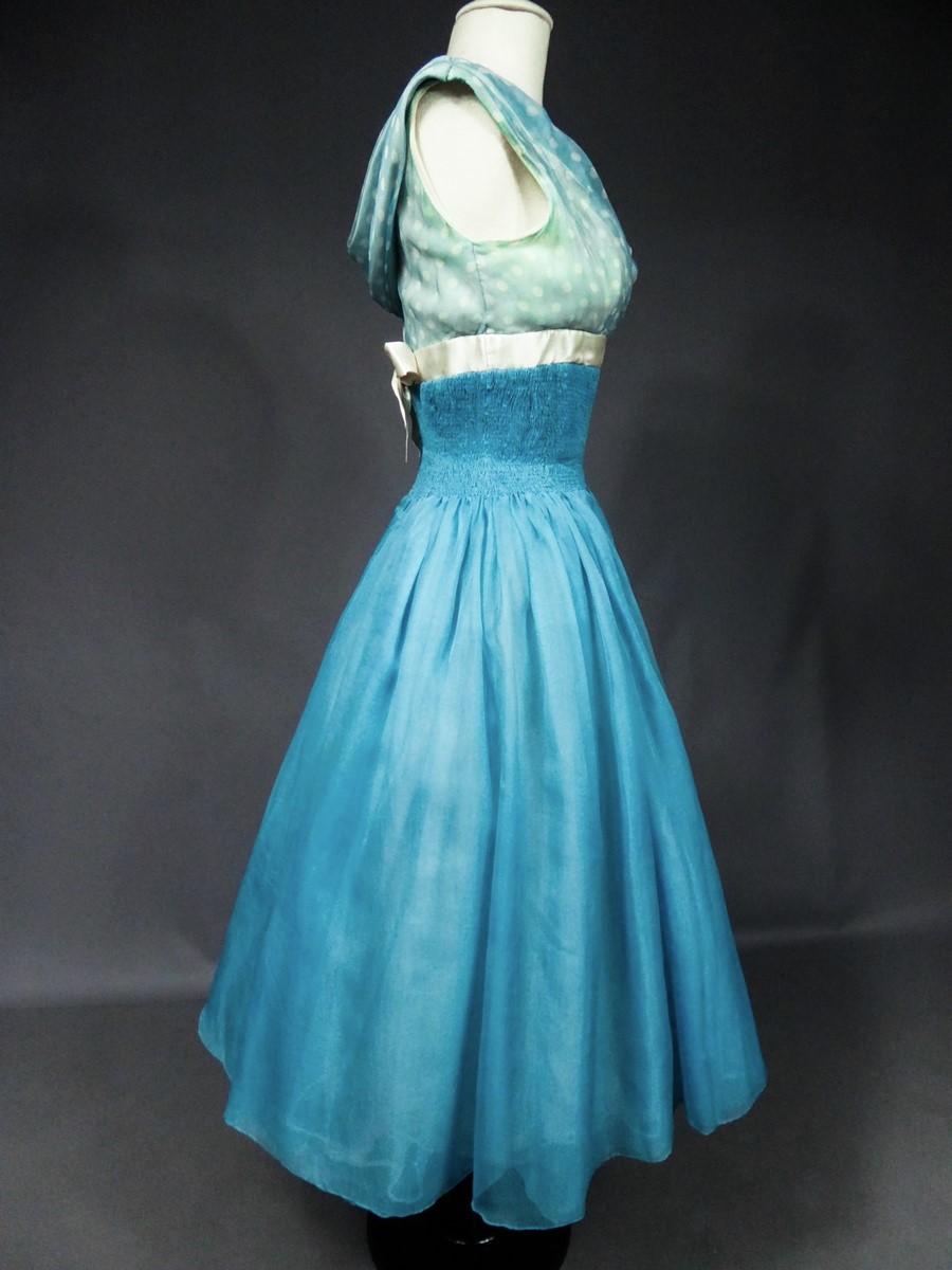 A Pierre Balmain Couture Turquoise Silk Chiffon Cocktail Gown Circa 1958 For Sale 4