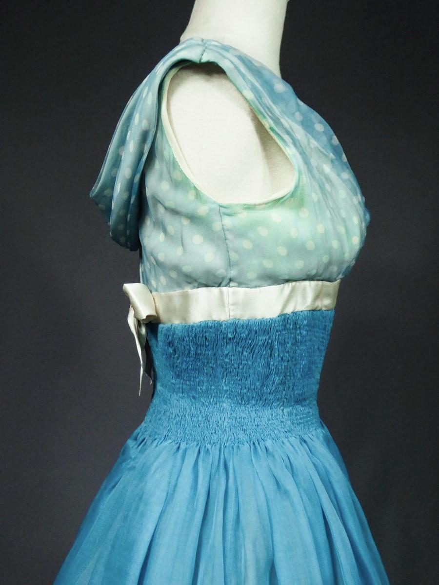 A Pierre Balmain Couture Turquoise Silk Chiffon Cocktail Gown Circa 1958 For Sale 5